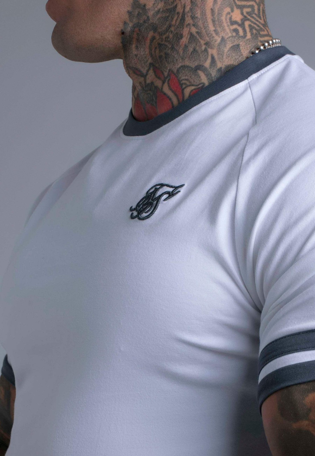 SikSilk Men’s Short Sleeved Muscle Fit Tournament T-Shirt Tee White and Grey