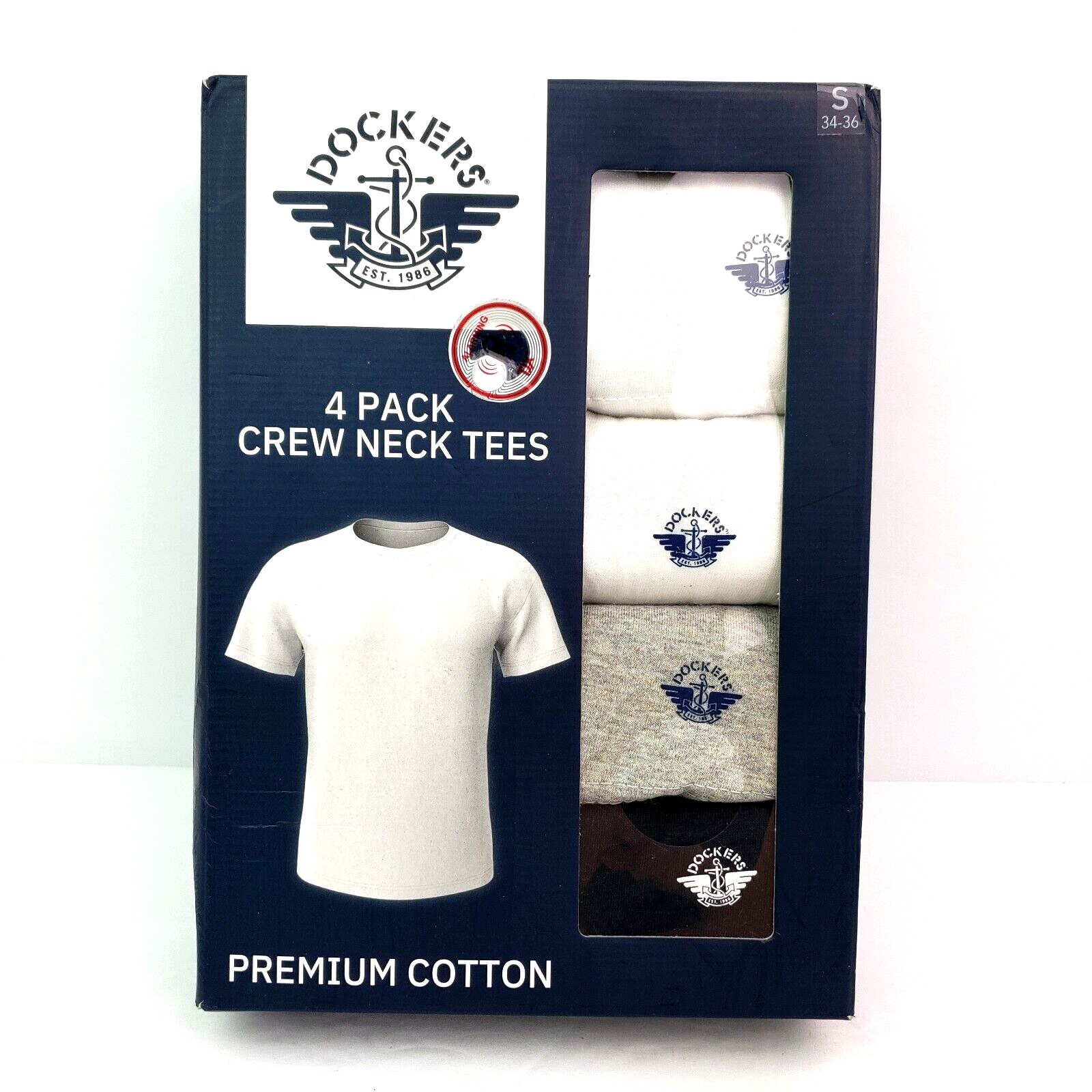 Dockers Mens Size S 34-36 White Gray Black Premium Cotton Crew Neck T-Shirts 4Pk