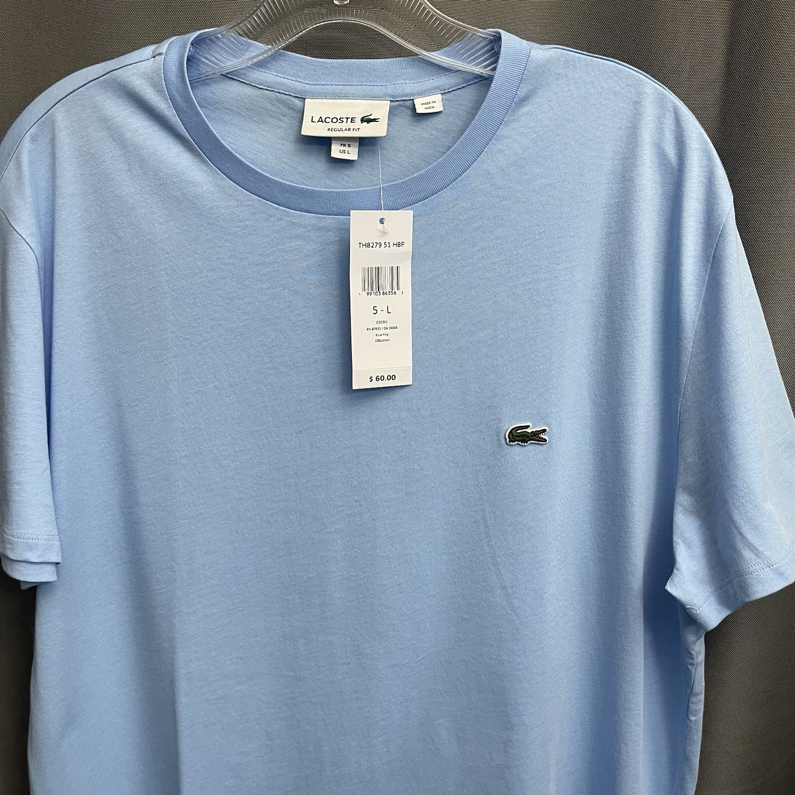 Lacoste T-Shirt Regular Fit Men’s L Solid Light Blue Cotton Logo Crew Neck NWT