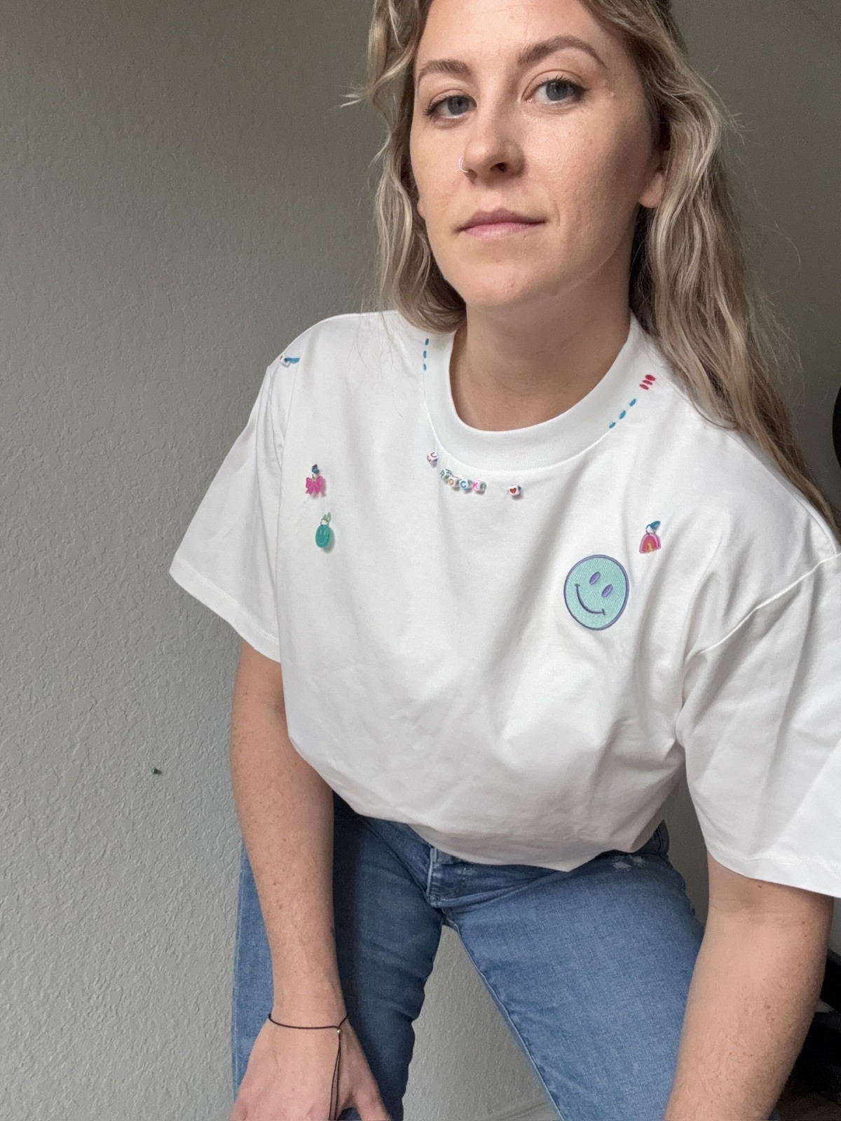 Oversized White Shirt Y2K Smiley Beaded Charms Handmade Stelle Brand