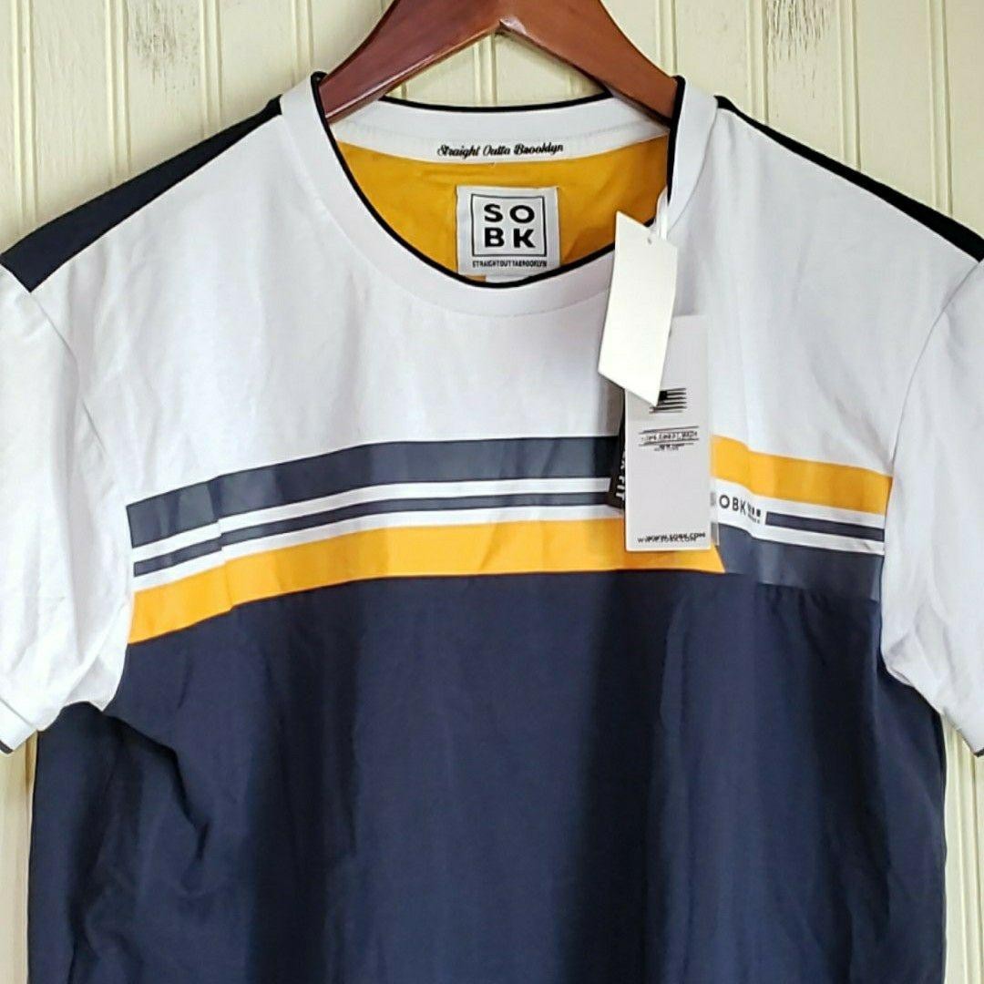 SOBK Shirt Mens Medium Blue White Colorblock Stripe Crewneck Stretch Jersey Tee