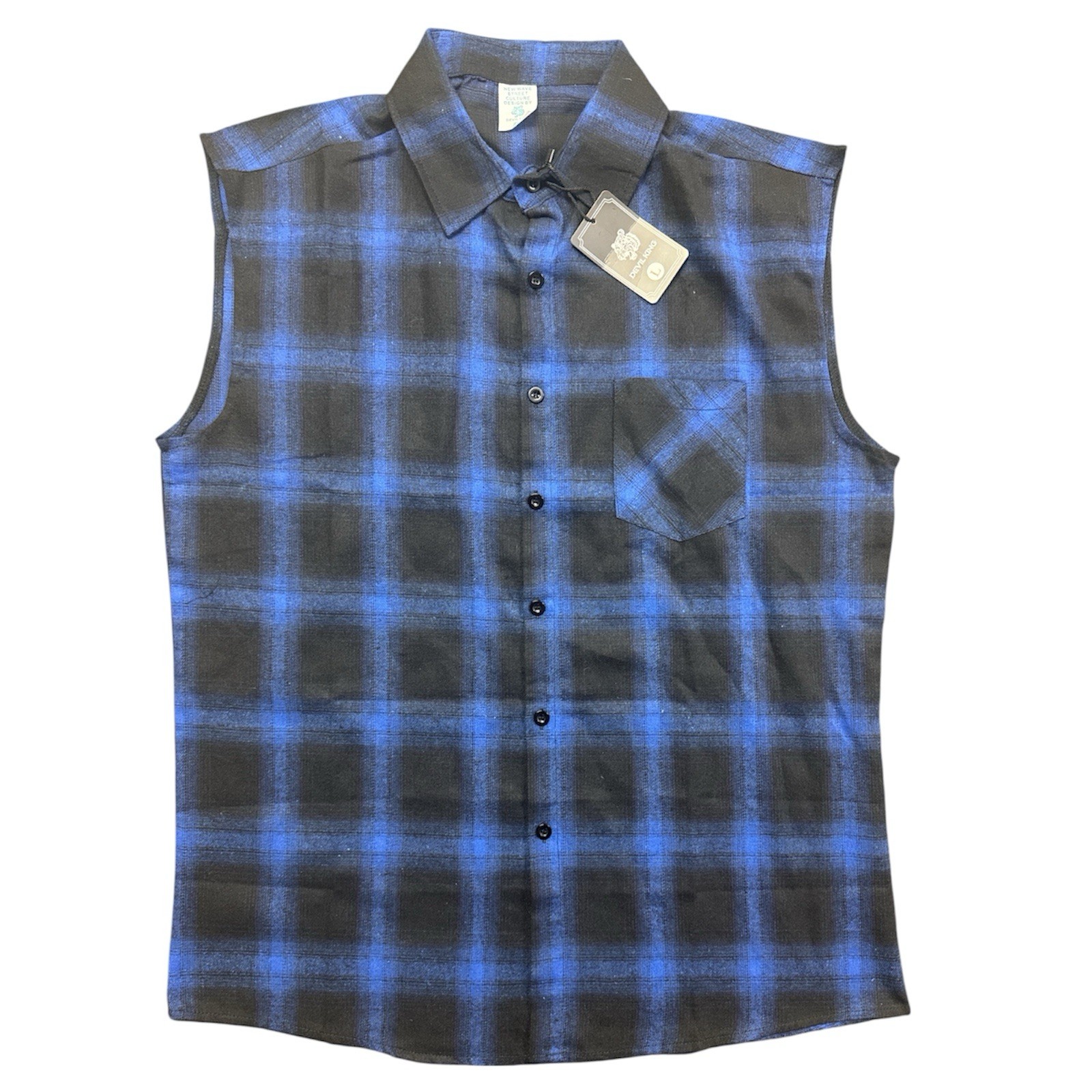 Devil King Sleeveless Flannel Shirt L NWT Plaid Biker Cutoff Vest Blue