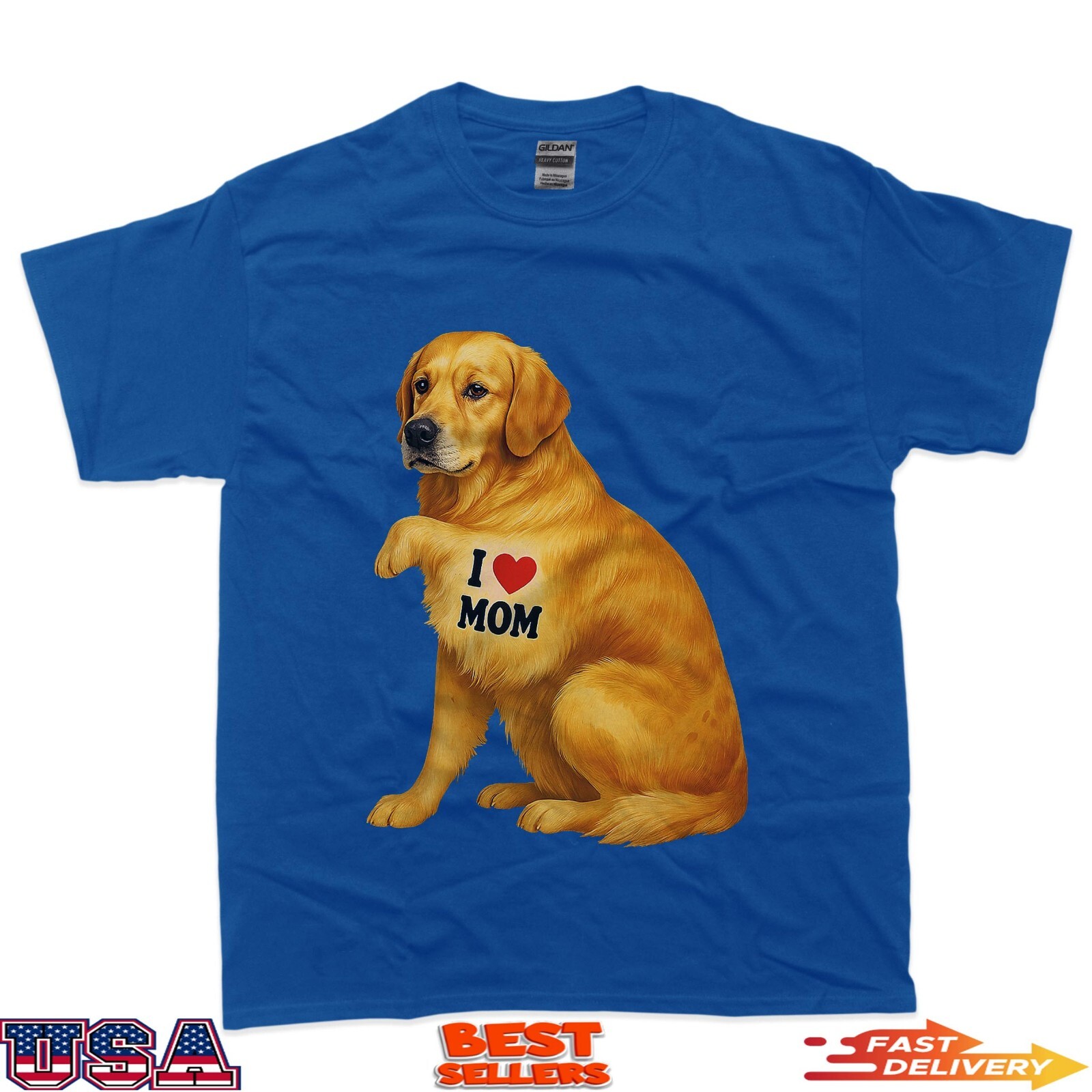 Patriotic I Love Mom Golden Retriever Funny Mama Dog Owner T-Shirt