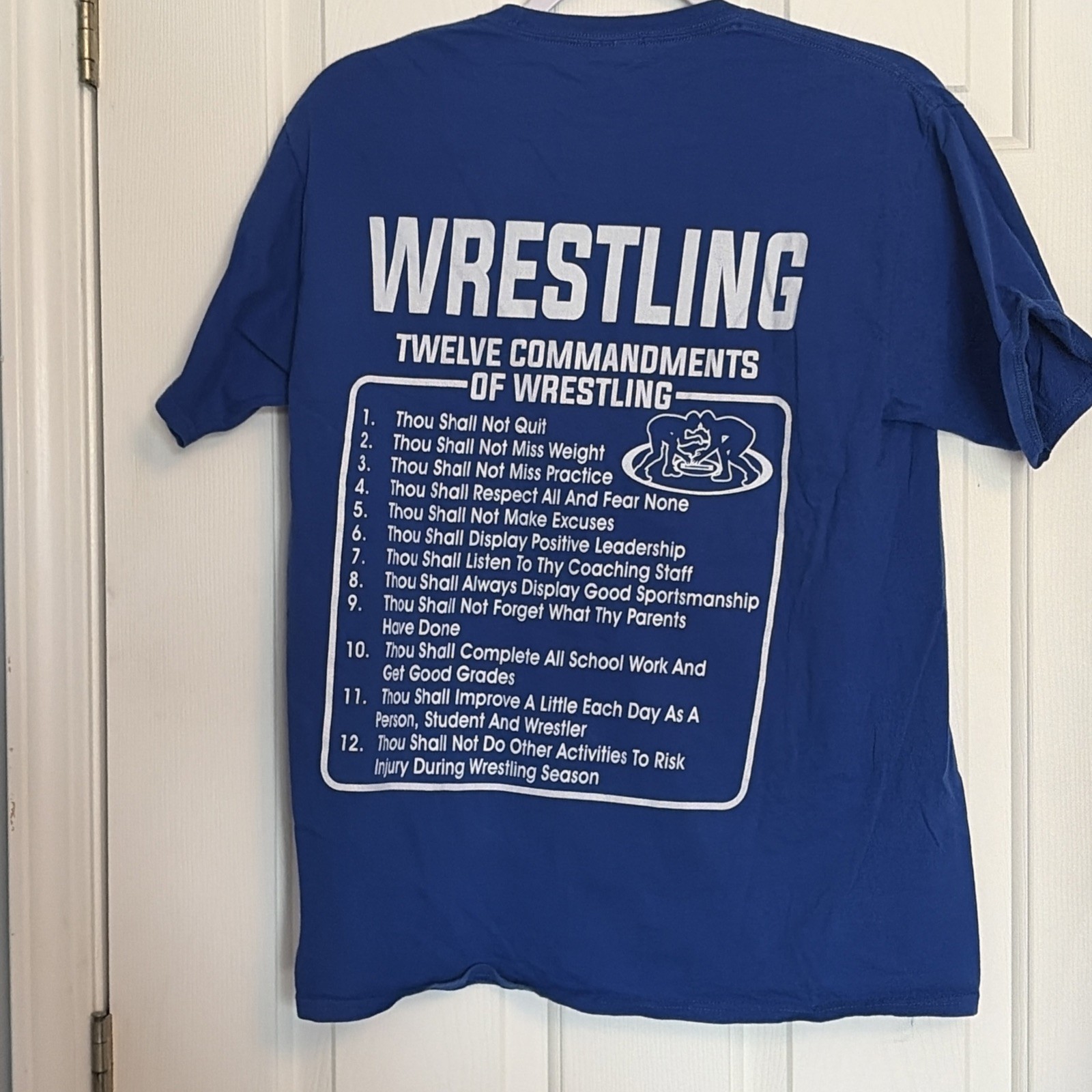 Classic Blue Wrestling T-Shirt: 12 Commandments Crew Neck, Adult, Short Sleeve