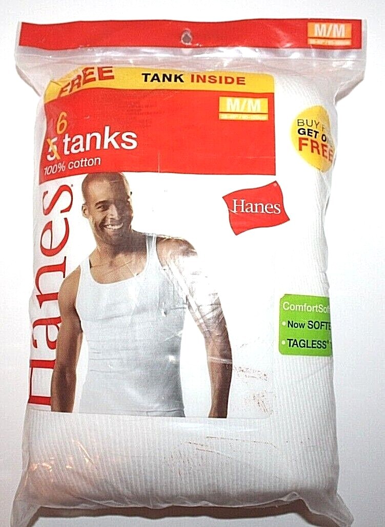 Hanes Men’s White 100% Cotton 6-Pk Tagless Tanks – Small or Medium