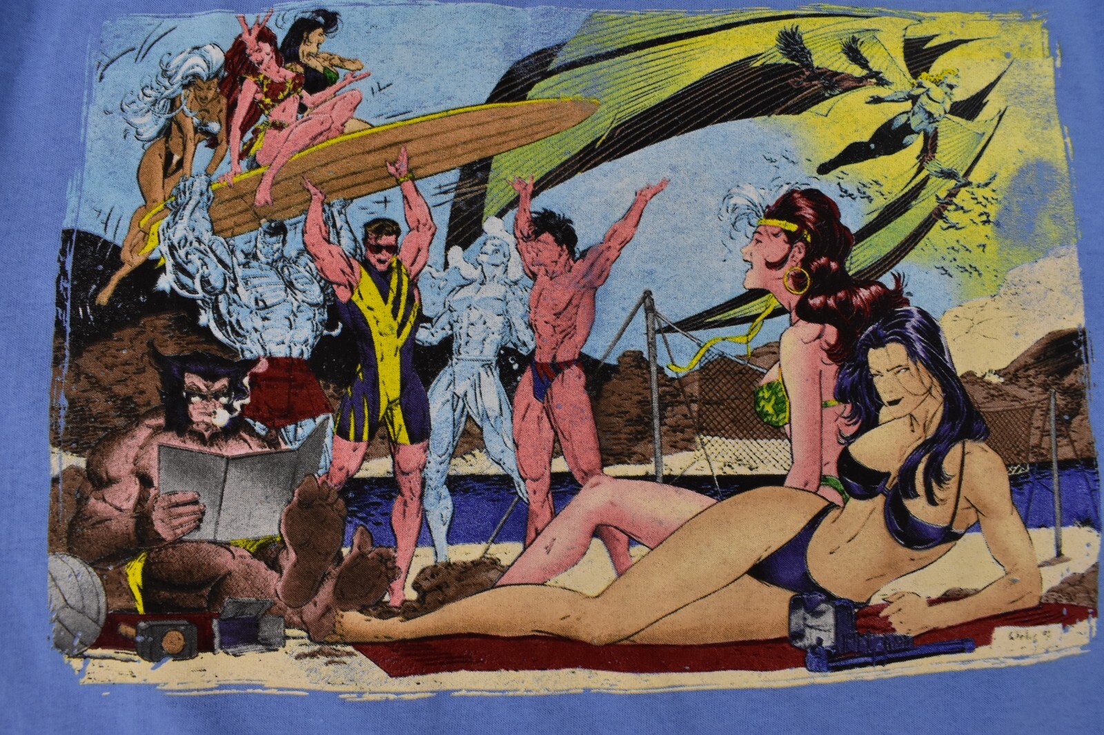 Marvel Mens X-Men Beach Party Cyclops, Wolverine Funny Blue Shirt NWT Small