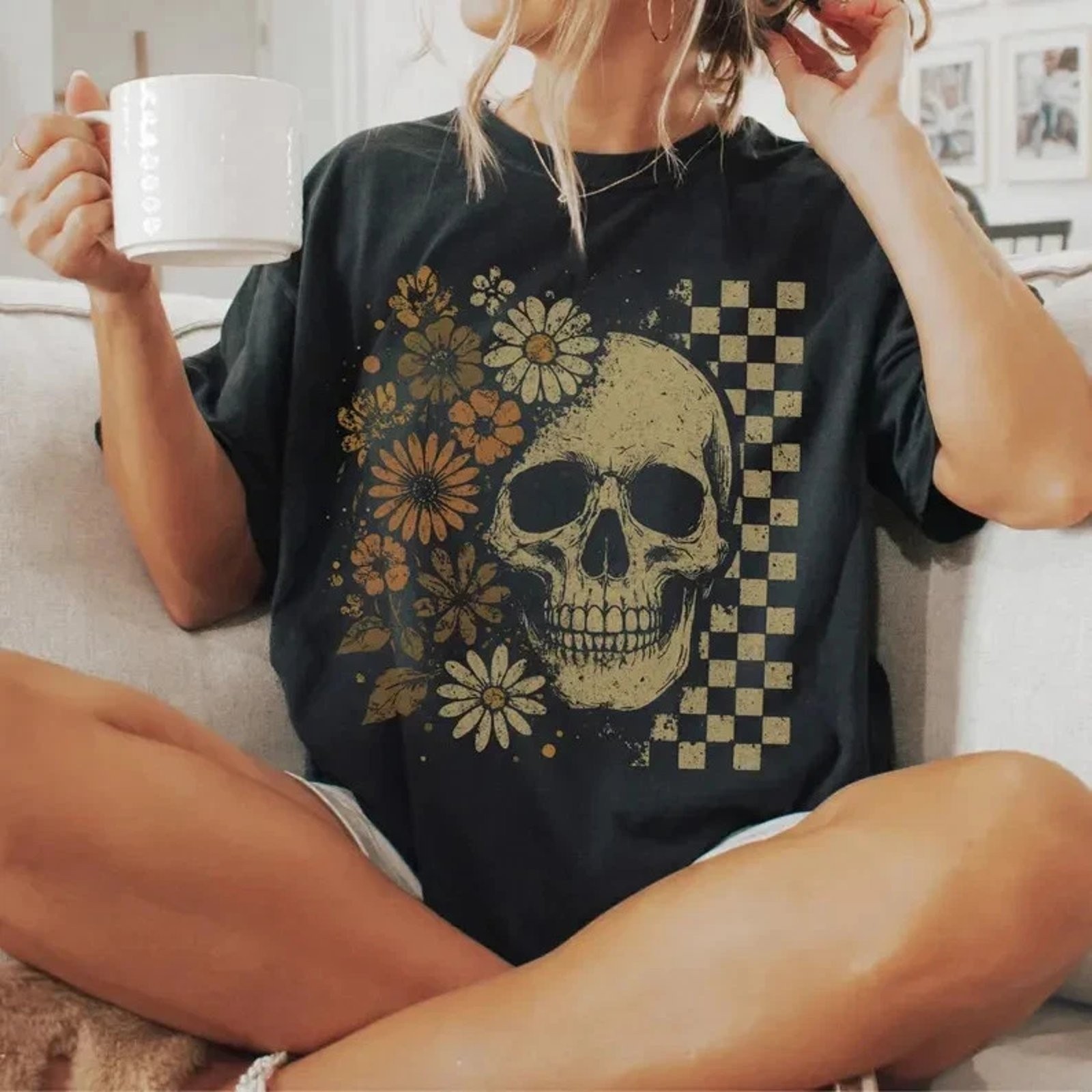 Boho Skull Graphic Tee, Vintage Grunge Tee