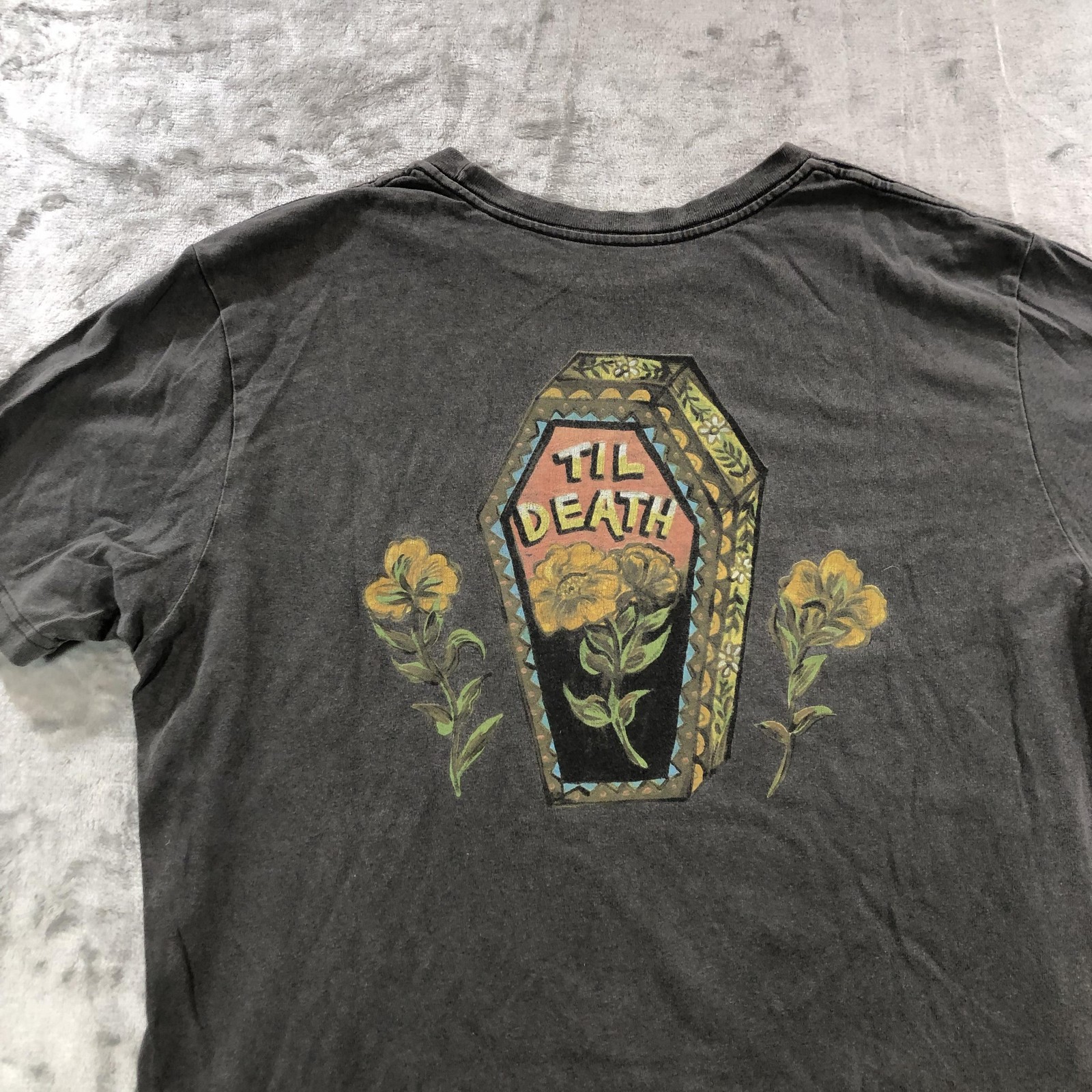 RVCA Shirt Mens Large Gray Aged Dryhand Tee Chest Pocket Til Death Back Graphic