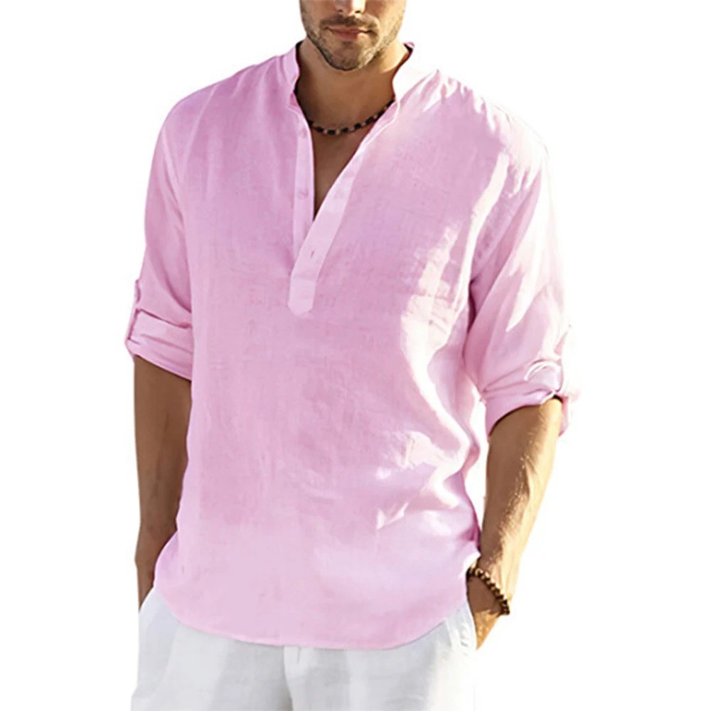 Men’s Cotton Linen Henley Long Sleeve Shirt Casual Beach T-shirt Tee Summer Gift