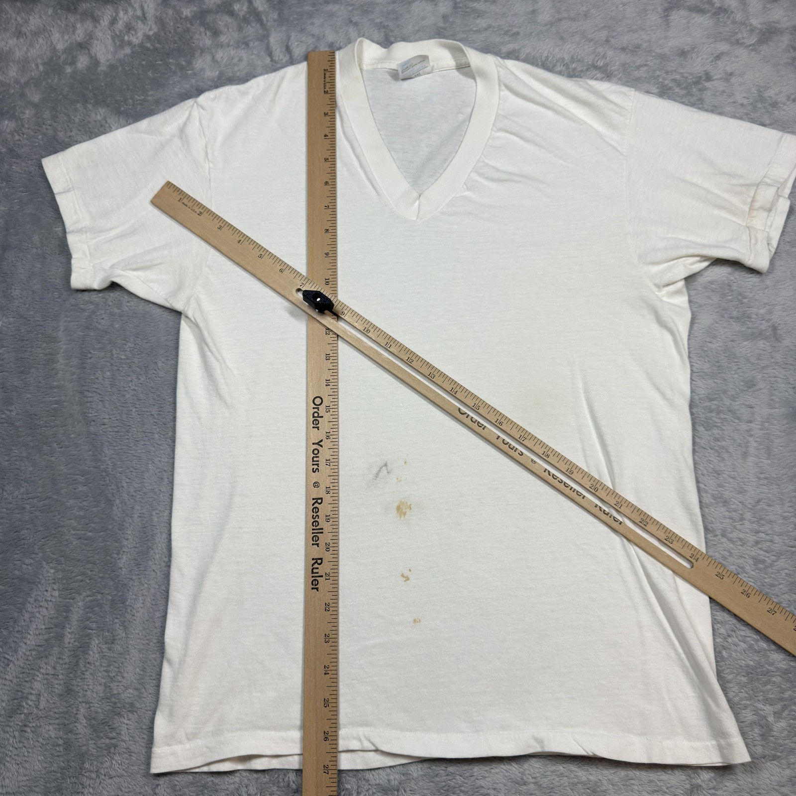 Vintage Sears Shirt Mens Large White V Neck Single Stitch Thin Stained 80s