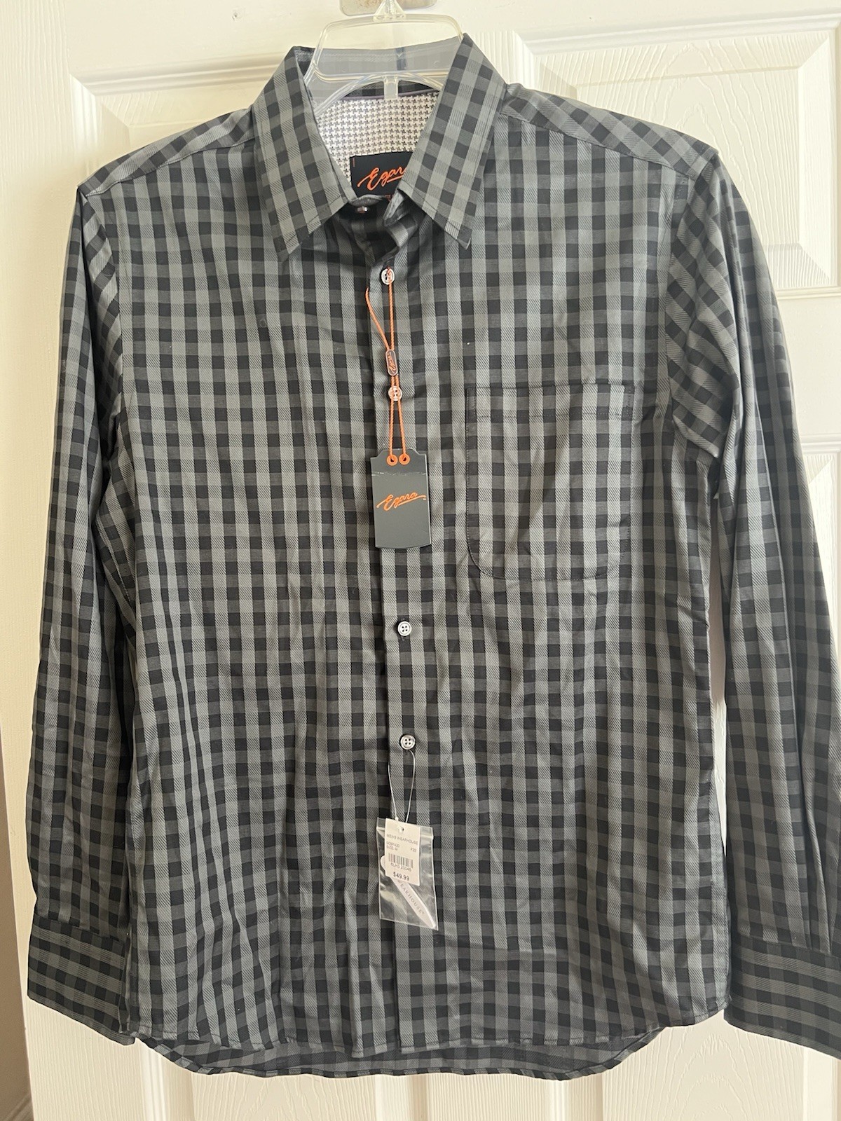 NWT Egara Slim Fit Stretch Non-Iron Grey/Blk Check Button Front Long sleeves