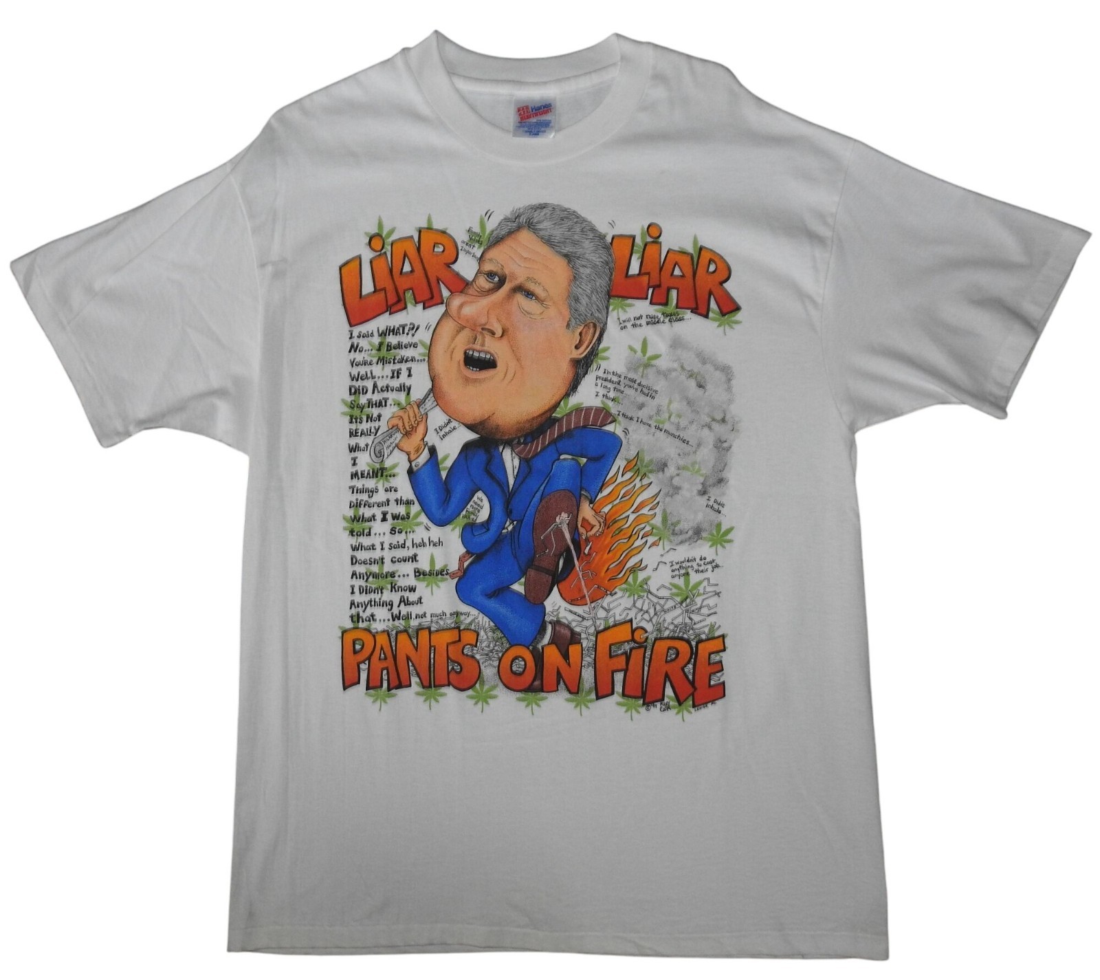 Vintage 1994 Bill Clinton Liar Liar Pants on Fire Caricature T-Shirt XL Weed
