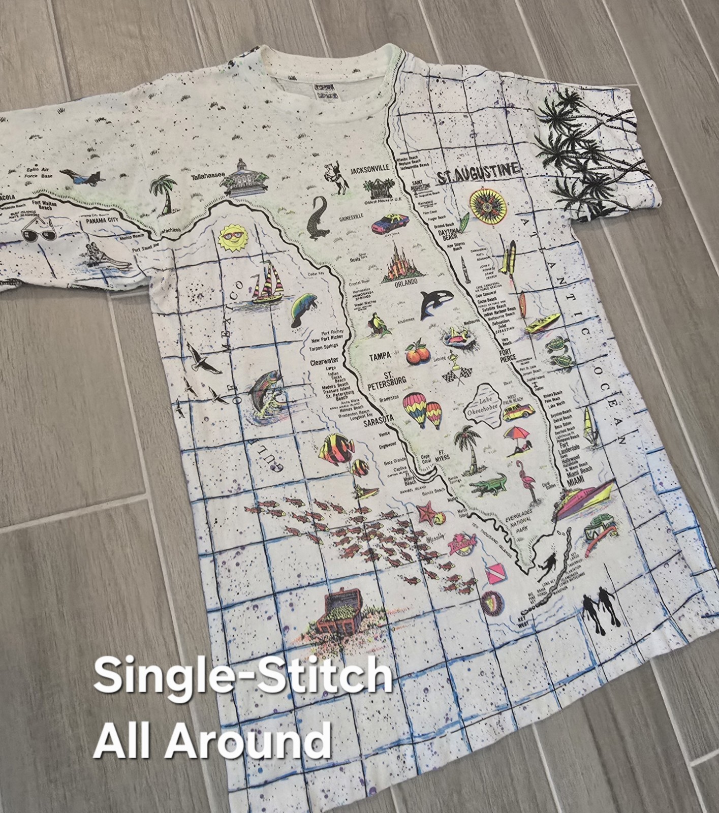 Vintage Florida AOP Shirt Single Stitch Large LocoMoFo Colorful Fun Map USA 90s