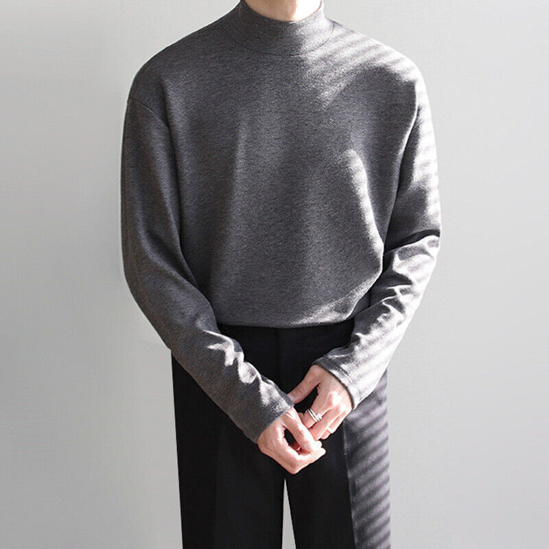 Mens Bottoming Long Sleeved Tee Thin T-Shirt Half Turtleneck Loose Crewneck Top