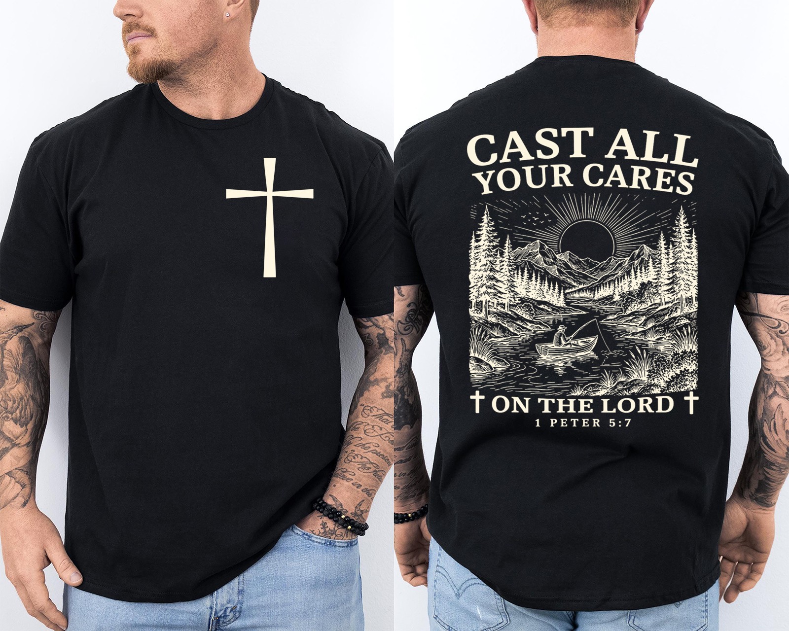 Cast Your Cares On The Lord Man Christian Fishing Front & Back T-Shirt