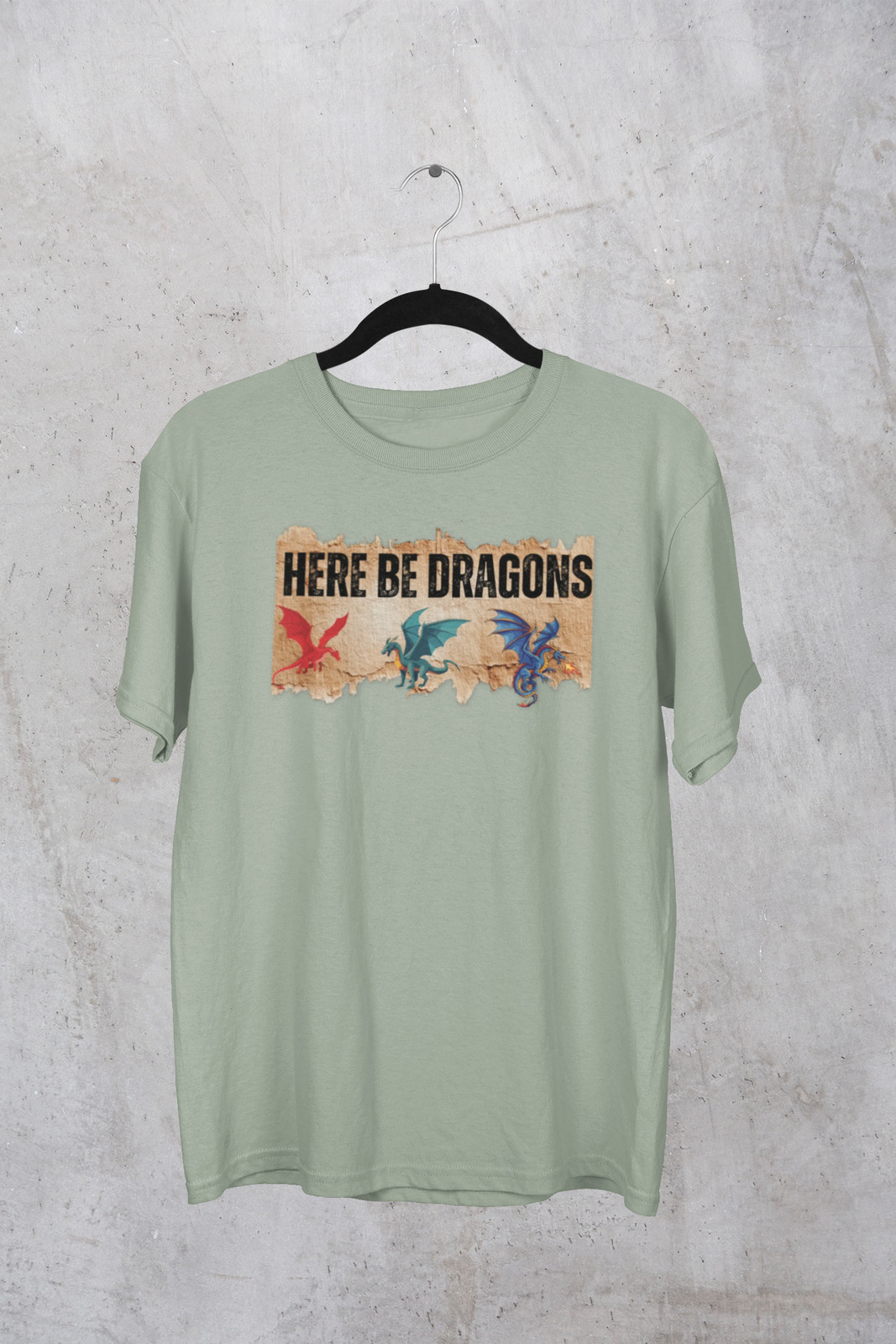 Here Be Dragons T-Shirt | Vintage Map, Flying Dragons Red Green Blue