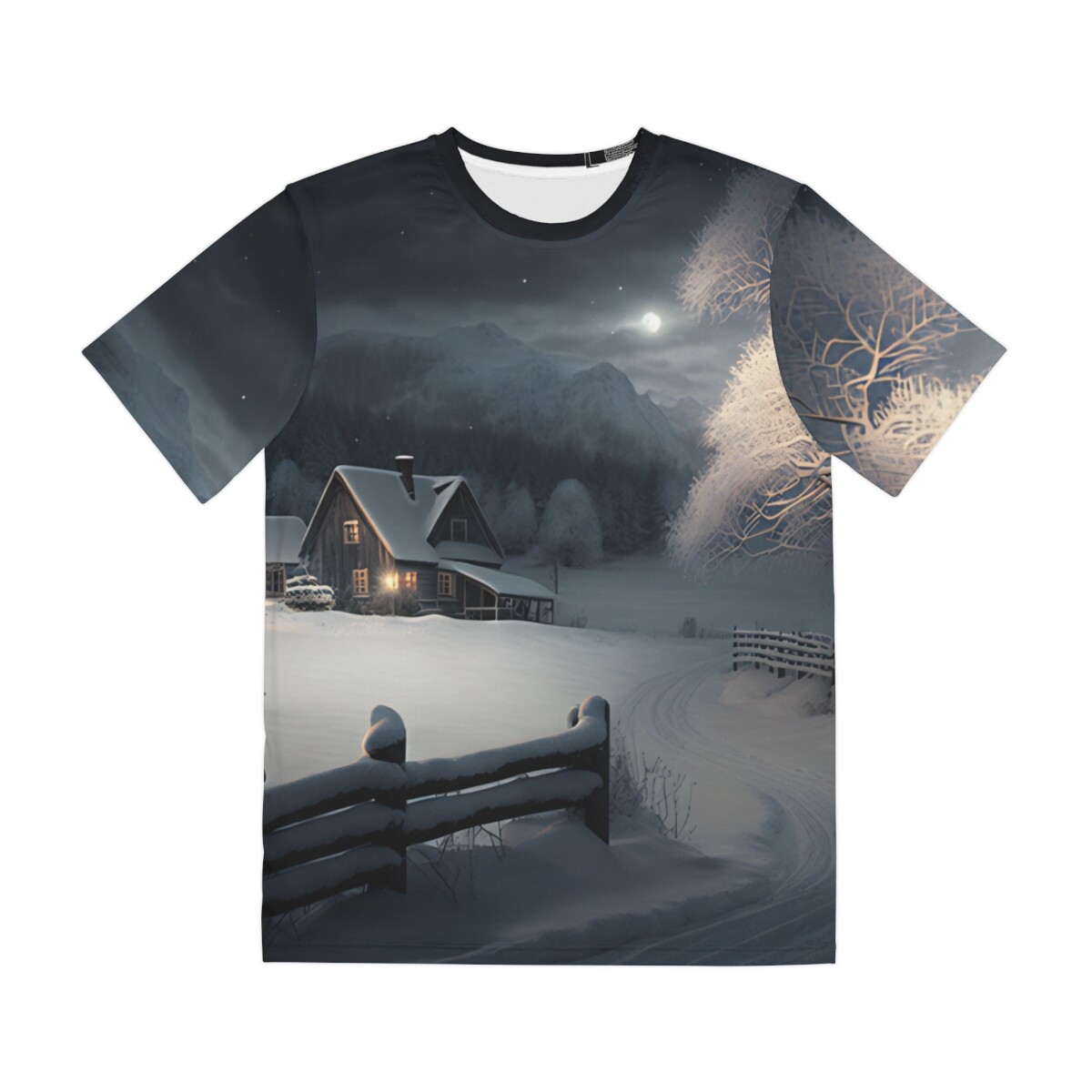 All Over Print T Shirt Gorpcore Winter Landscape Cabin Christmas Outdoor Holiday