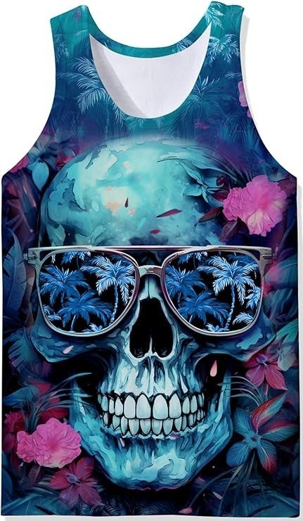 Sugar Skull Sunglasses Tank Top Men 3D Tropical Floral Palm Tree Sleeveless Tee