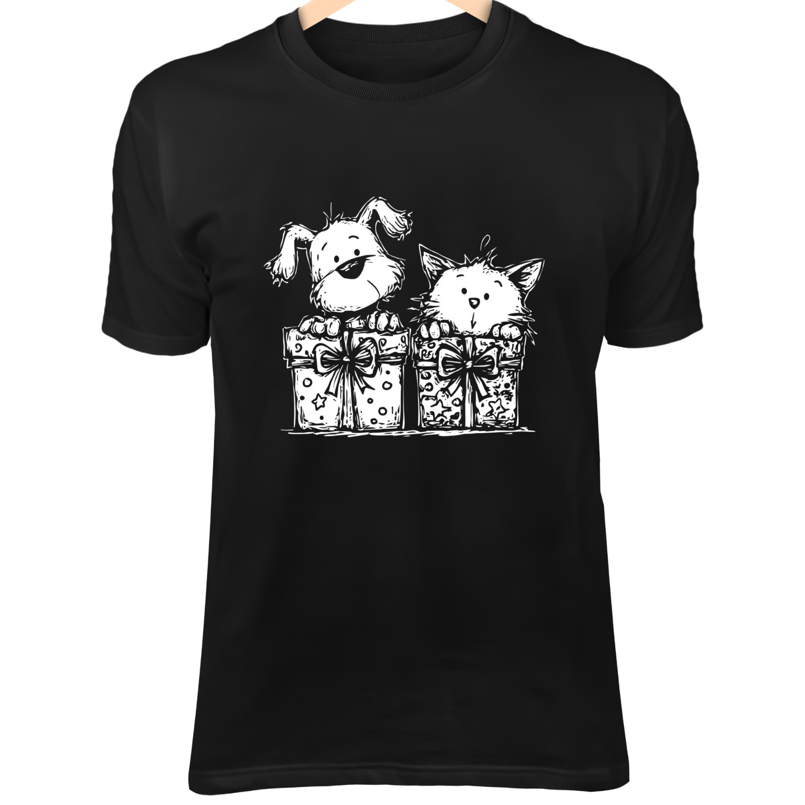 Christmas Dog & Cat Line Art – Minimalist Peeking from Gift Boxes with Ribbons