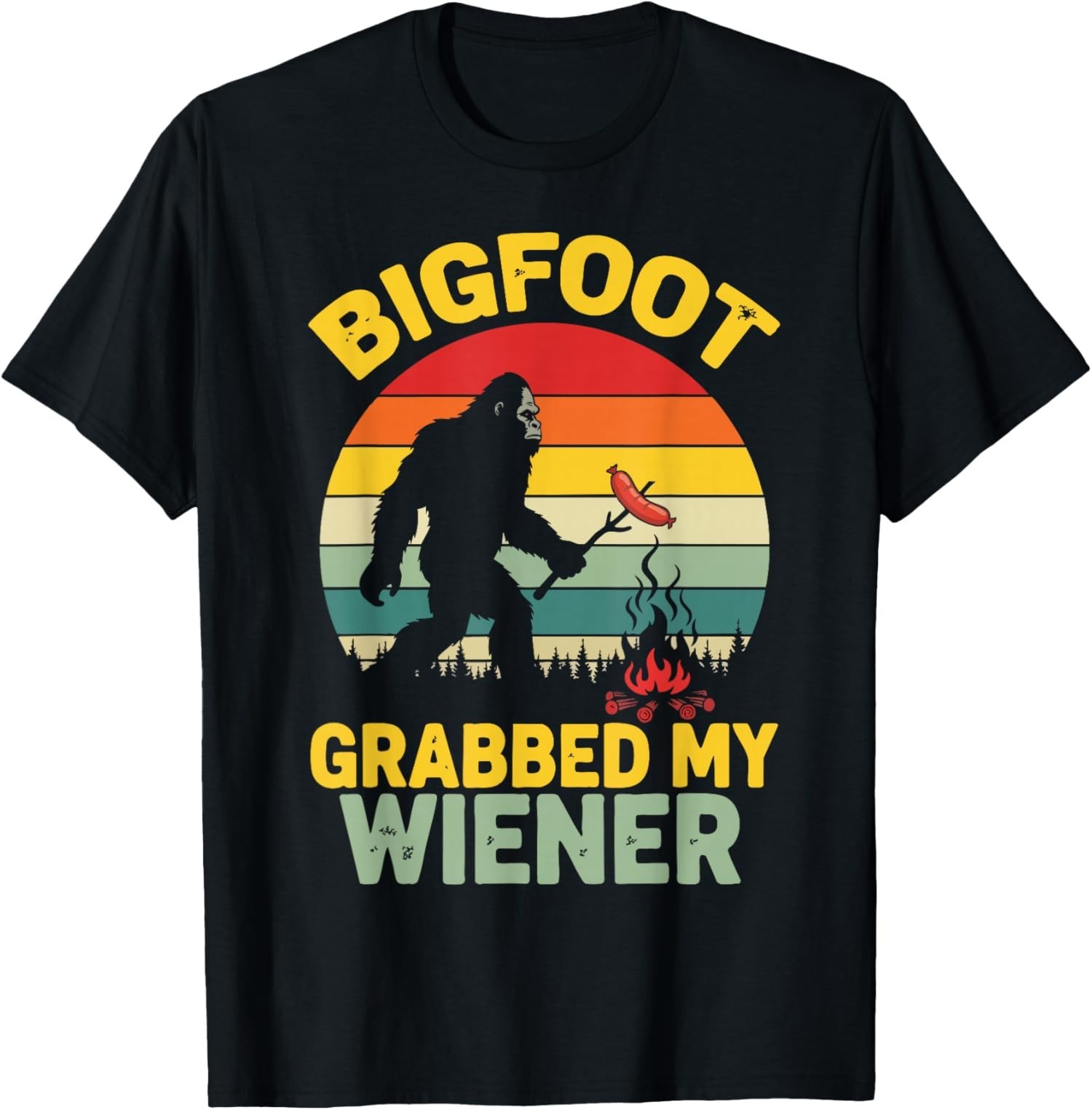 Funny Retro Bigfoot Grabbed My Wiener Graphic Tee Mens Cotton