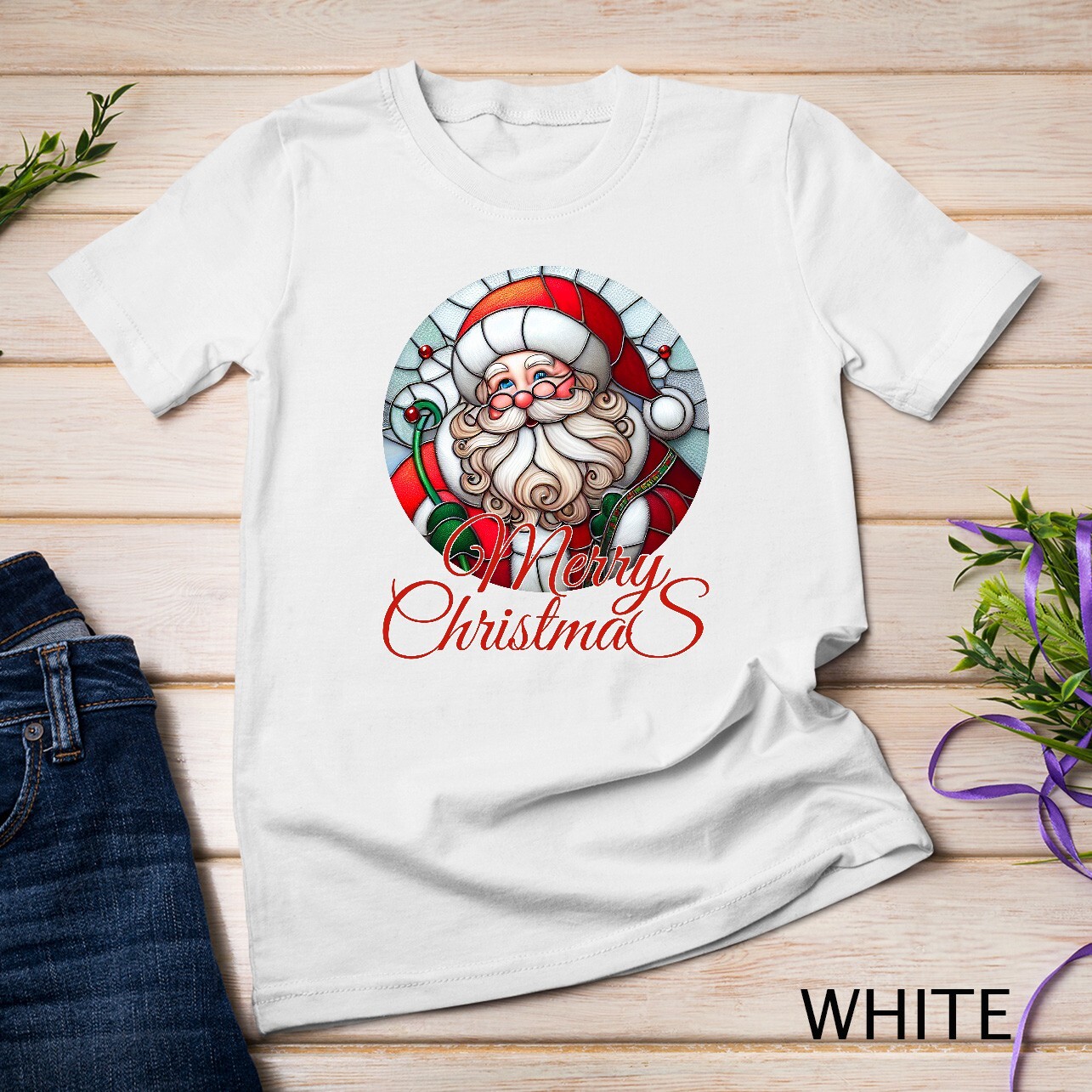 Jolly Stained Glass Santa Claus Face Graphic Tee Funny Christmas Unisex T-shirt