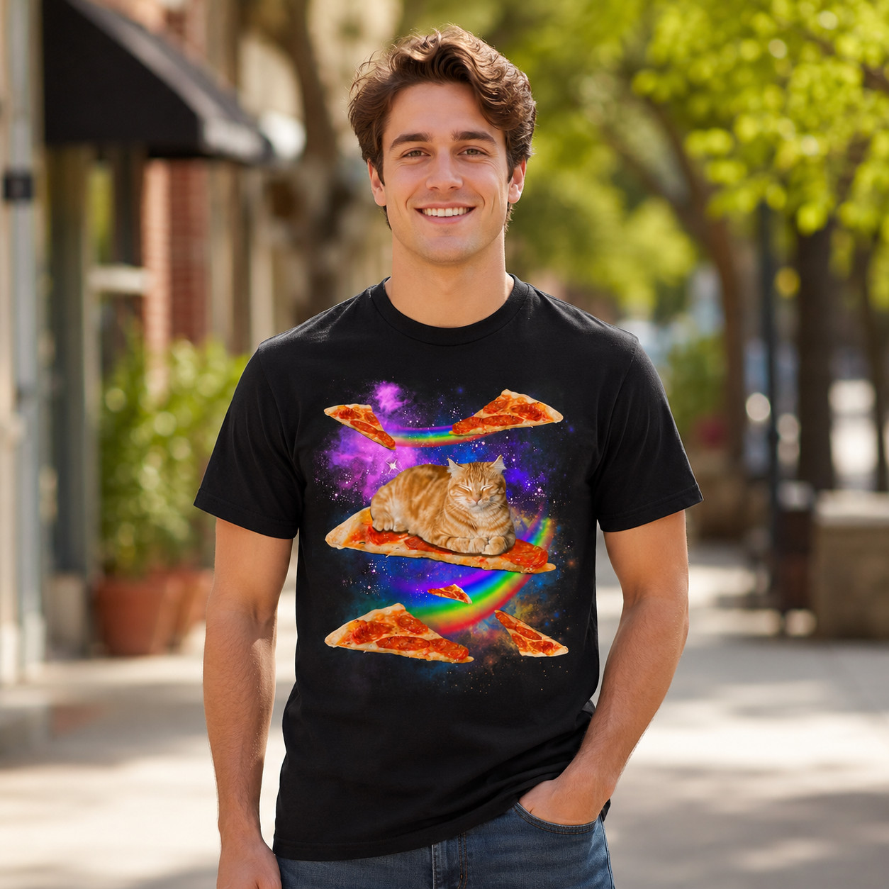 Funny Galaxy Cat Riding Pizza T-Shirt Space Rainbow Graphic Tee Men’s S-5XL