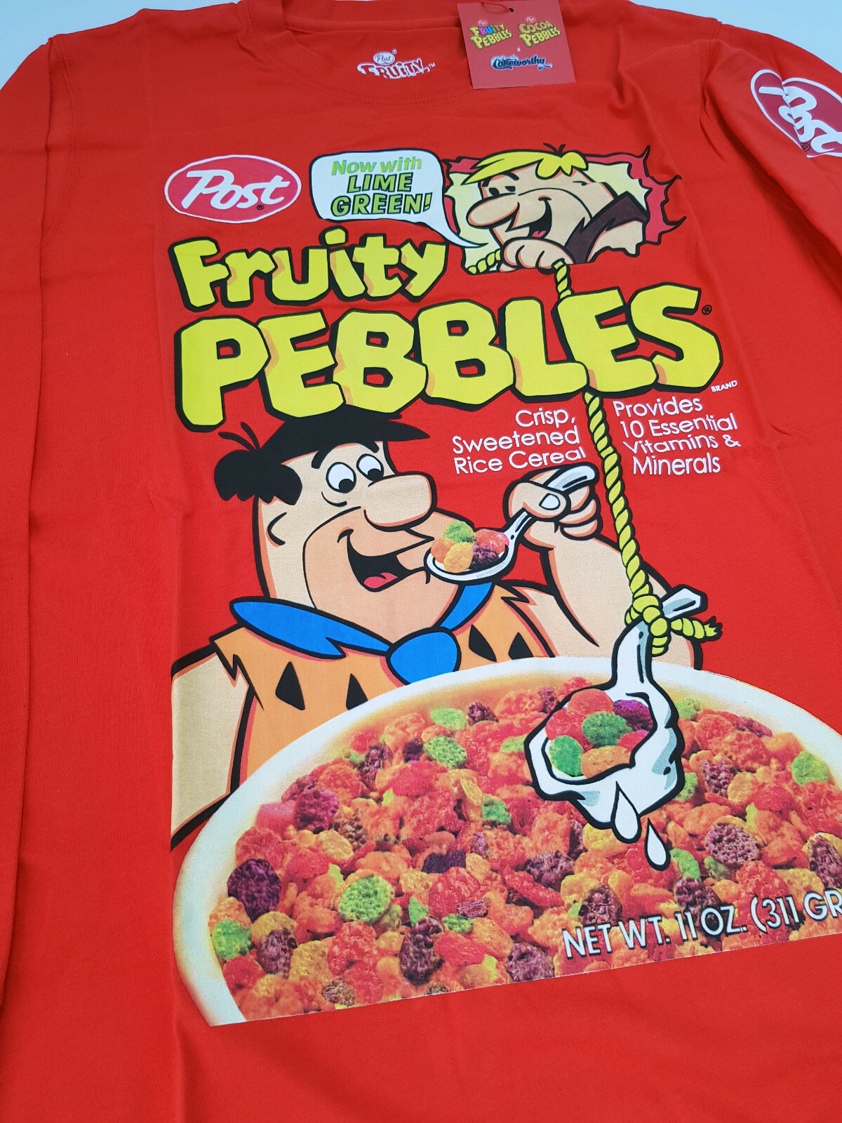 Cakeworthy x Fruity Pebbles Cereal Long Sleeve T-Shirt Top Red The Flintstones
