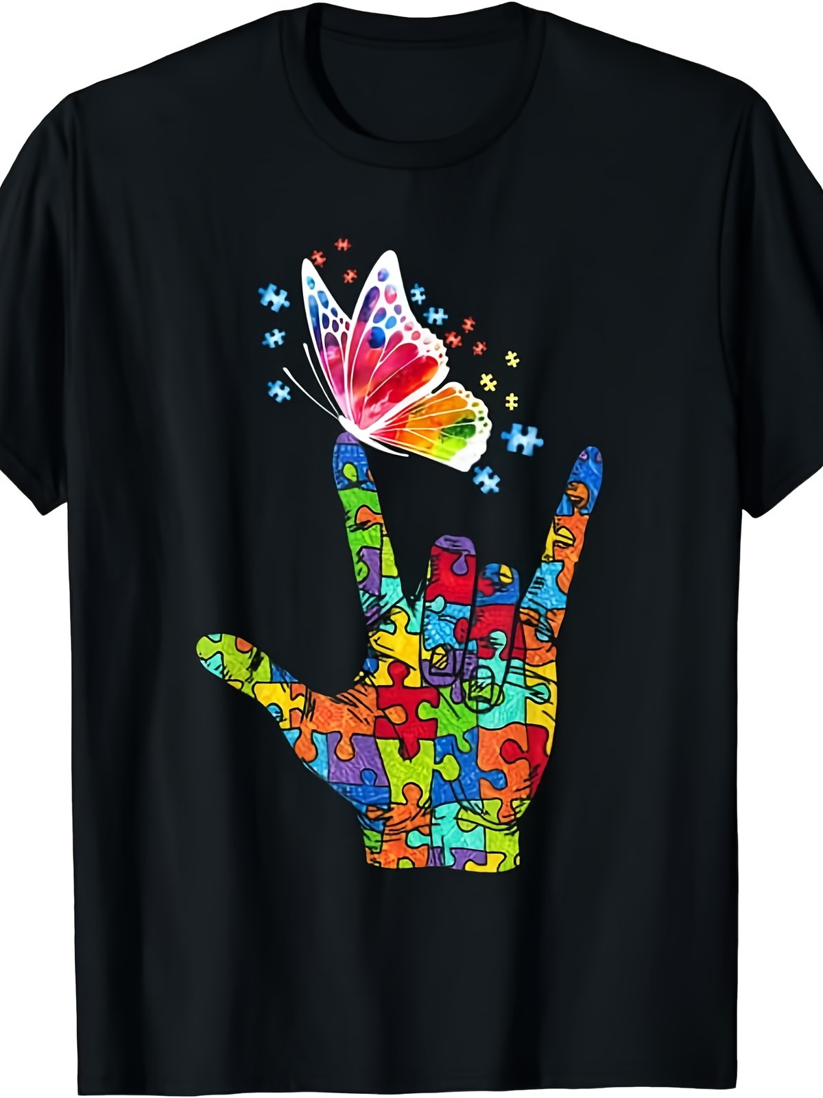 I Love You Hand Sign Language Butterfly Autism Awareness Puzzle Graphic Tee