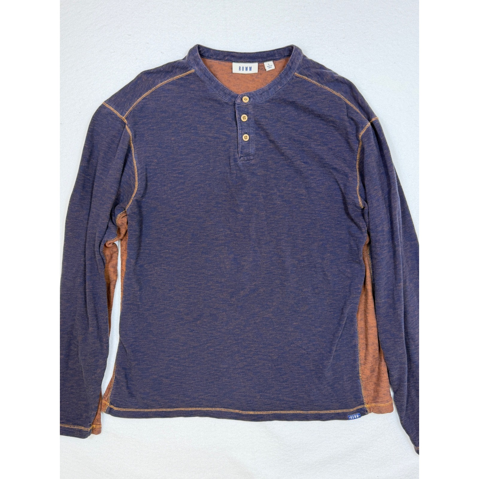ROWM Henley Shirt Mens Large Blue Orange Space Dye Cotton Long Sleeve RN58909