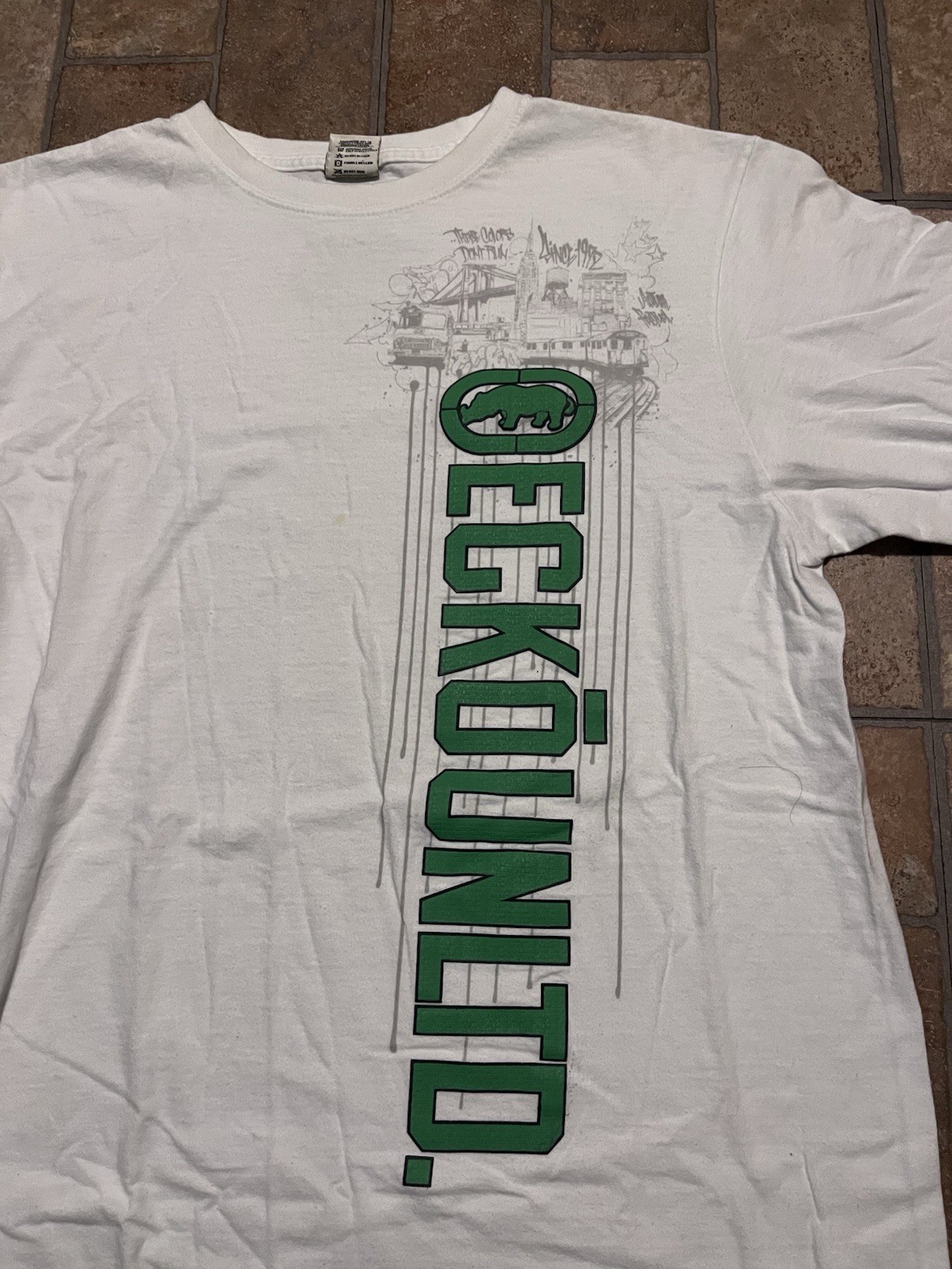Ecko Unltd. White Green Rhino Logo Graphic Cotton Knit Tee Crew Neck L