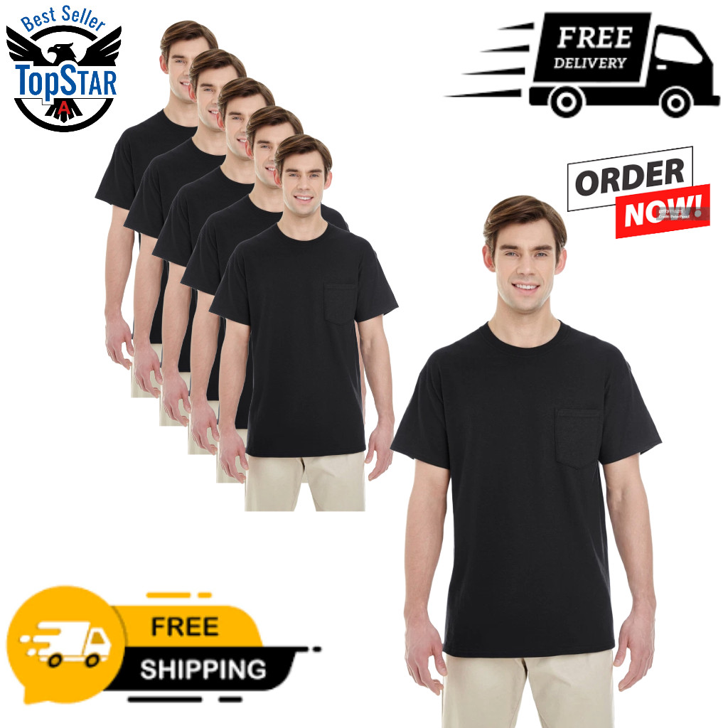 6- Pack Black Gildan Unisex Heavy Cotton Pocket Stylish Plain T-Shirt – G530