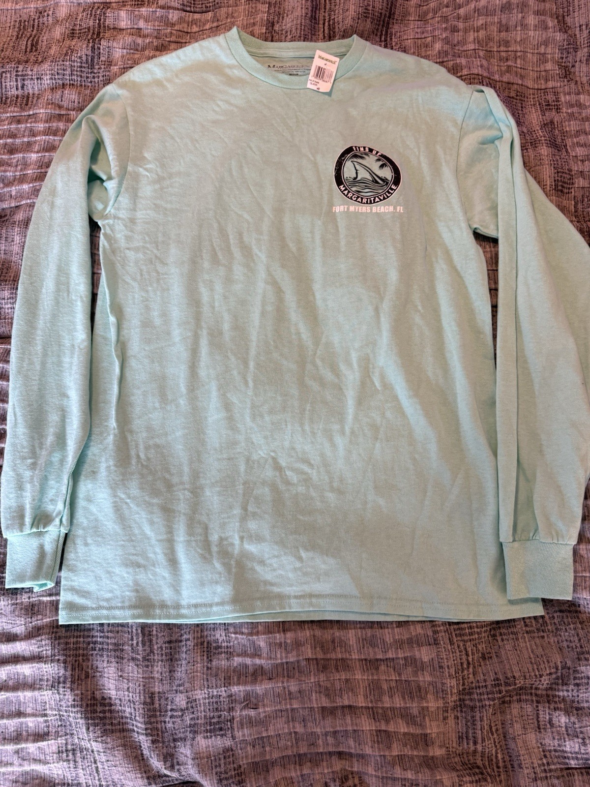 Margaritaville Fins Up Shark Celadon Long Sleeve Men’s T-Shirt Cotton Size M