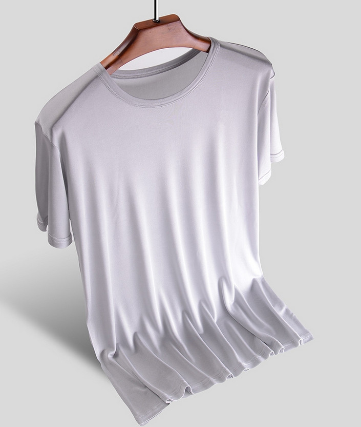 Men’s Silk T-Shirt Knitted Crew Neck Short Sleeve Summer Casual Top Soft