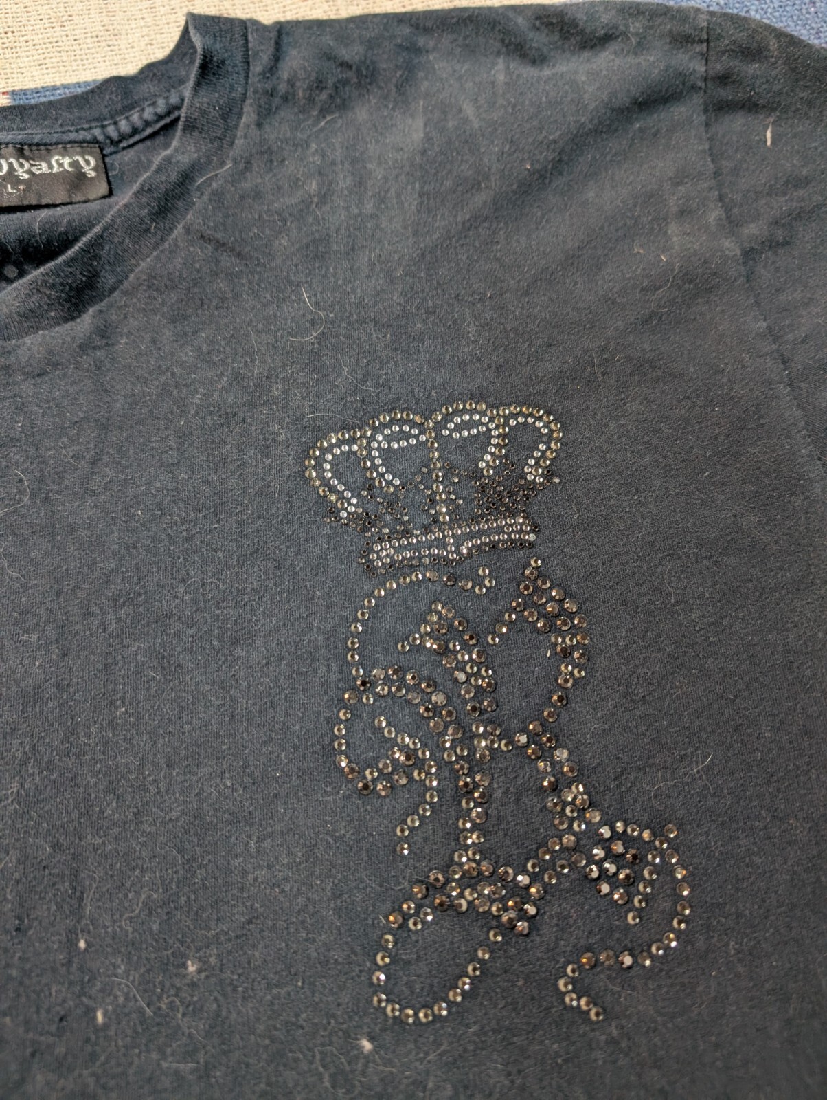 Rawyalty Couture Rhinestone Beaded Cross Wings T-Shirt L Vintage Y2K Cyber