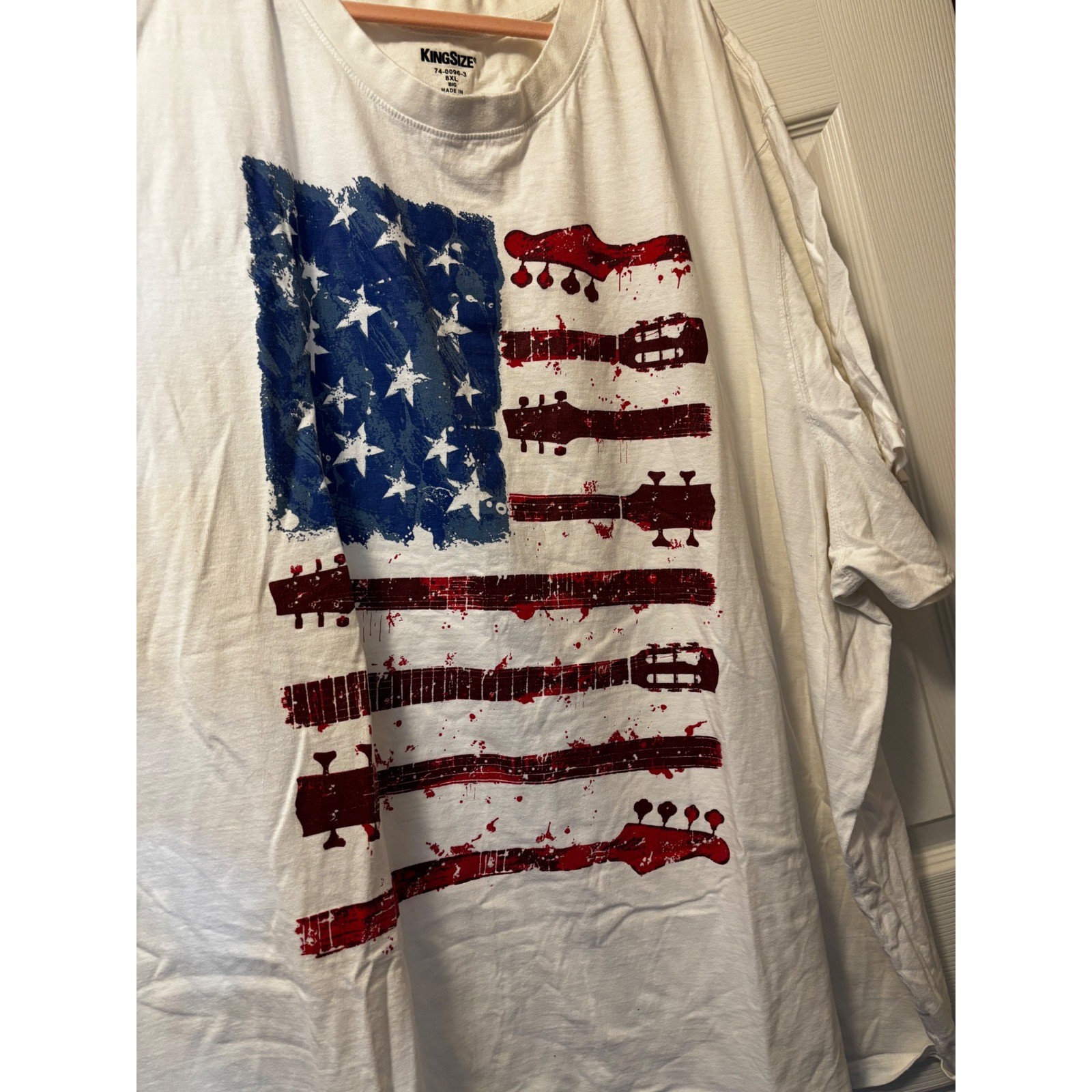KingSize Mens 8XL White Guitar American Flag Graphic T-Shirt Big and Tall Cotton