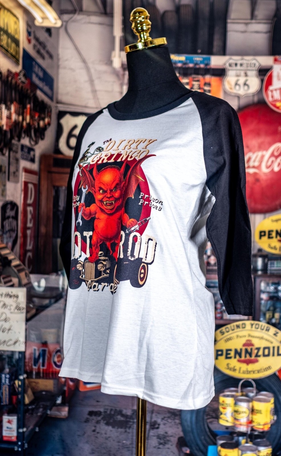 The Dirty Gringo Hot Rod Garage Retro Devil 3/4 sleeve raglan shirt