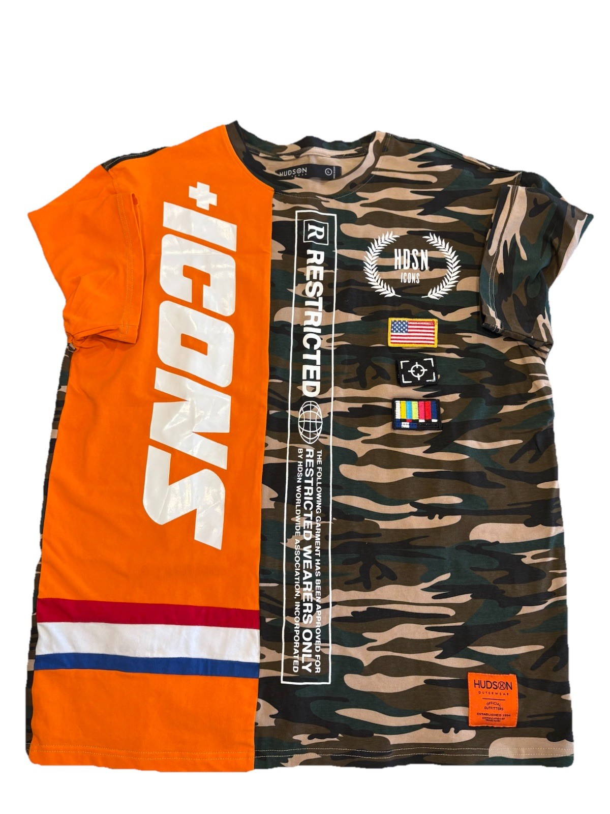 Hudson Men’s T-shirt L Is A Camouflage Print Featuring ICON and RESTRICTED AD