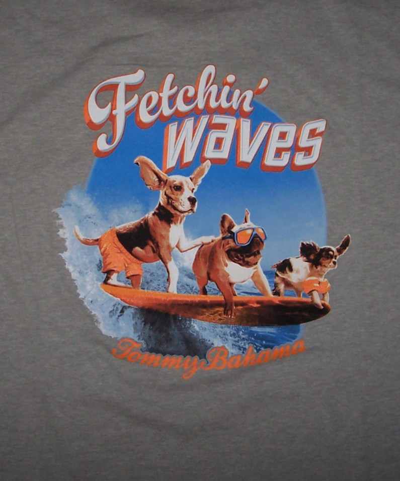 NWT Tommy Bahama Gray Heather FETCHIN’ WAVES Surfing DOGS Tee T-Shirt Men’s L