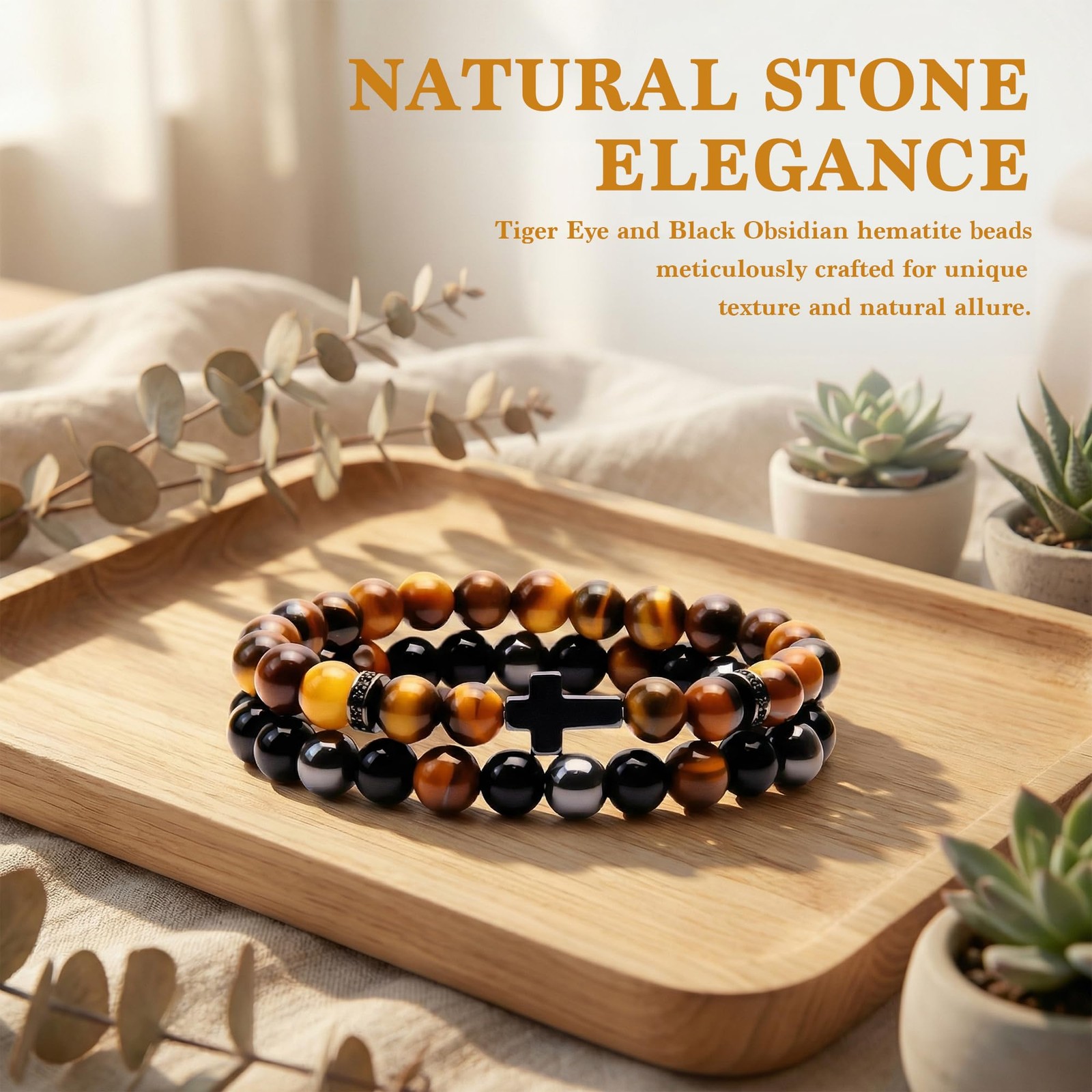 Men’s Triple Protection Beaded Bracelet Set 8MM Black Obsidian Hematite Tiger Ey