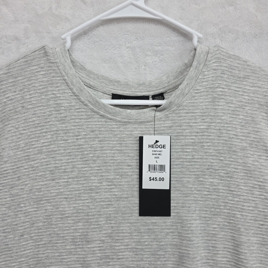 Hedge Mens Sand Mel Horizontal Ribbed Knit Short Sleeve Casual Tee Sz Lg Gray
