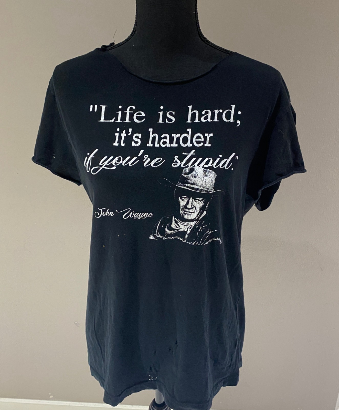 Chopped John Wayne Graphic Tee – Raw Neck Distressed Western Shirt Medium