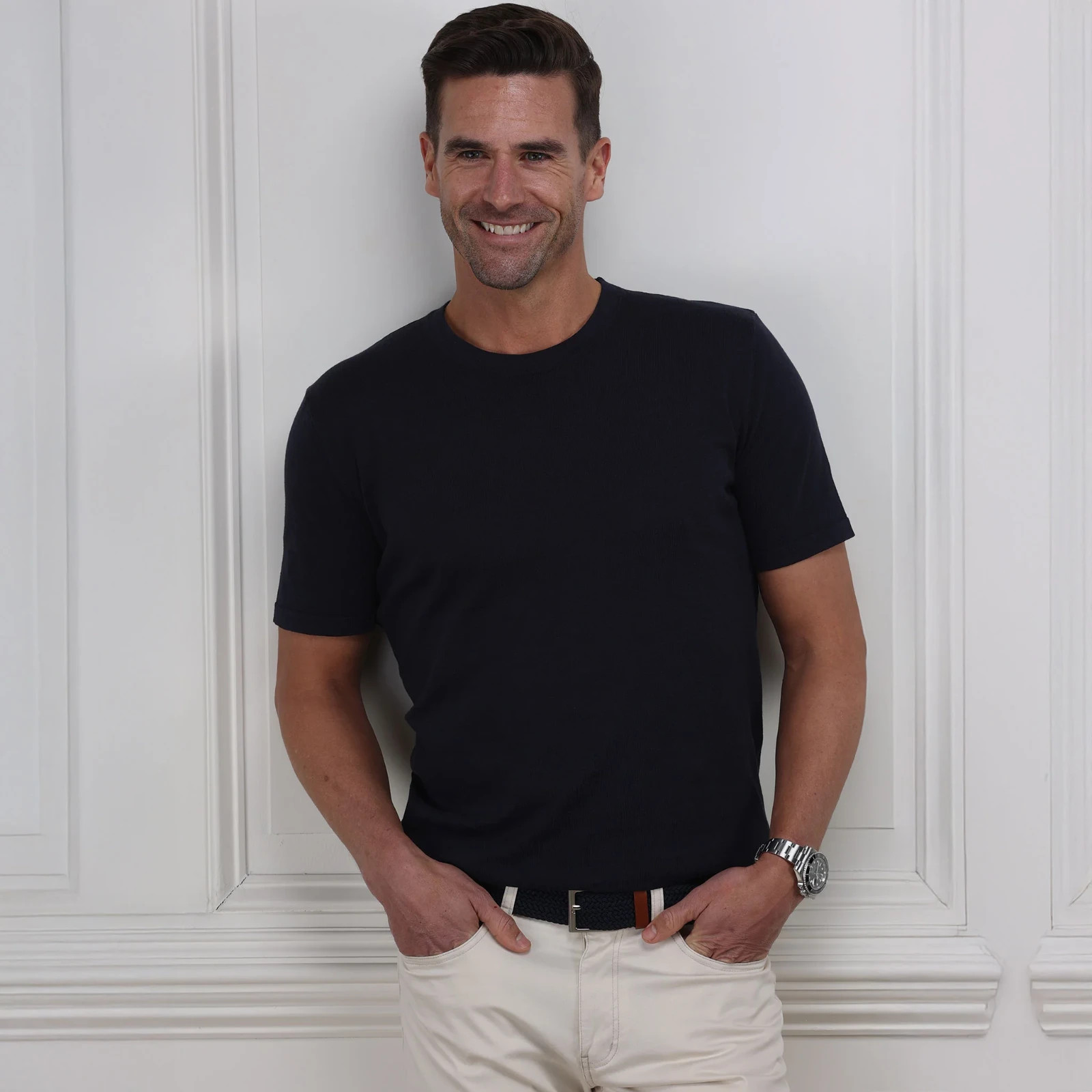 Collars & Co T-Shirt Mens Small Navy Cotton Silk Quiet Luxury Touch Lucca NEW
