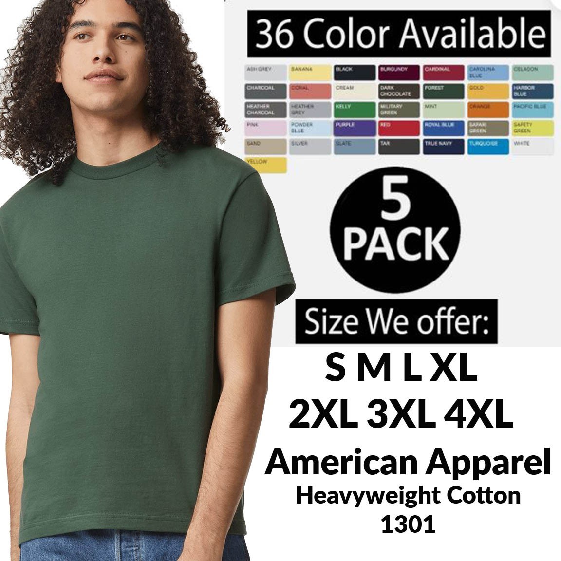 5 PACK OF American Apparel Adult Cotton Plain Short Sleeves T-Shirt – AL1301