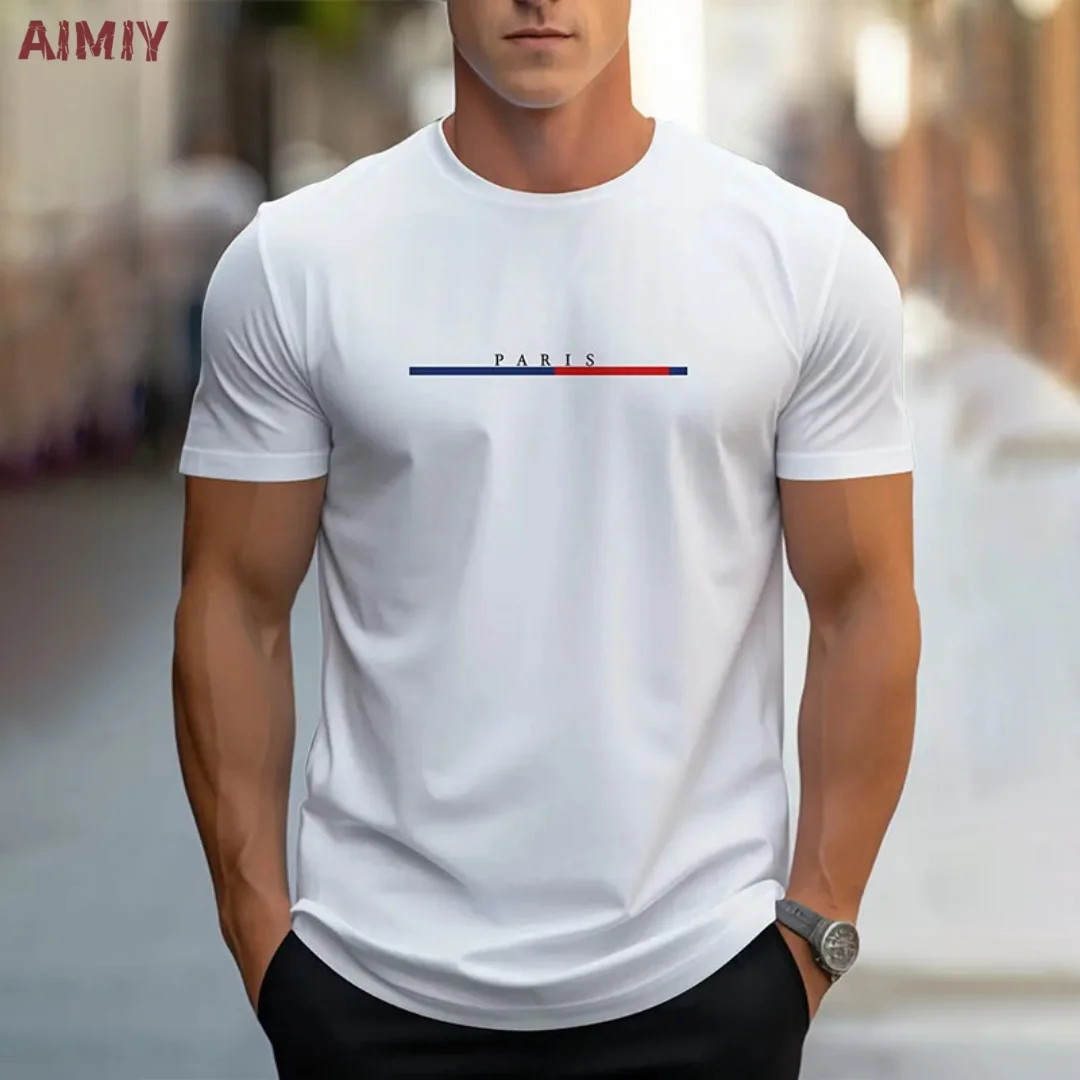 Summer Men’s T-shirt Top Casual Loose Fit Oversized T-shirt PARI Letter Pattern