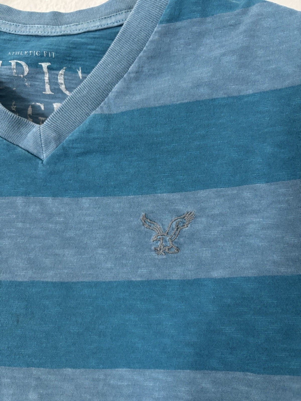 American Eagle Men’s Athletic Fit V-Neck T-Shirt Blue Striped Size