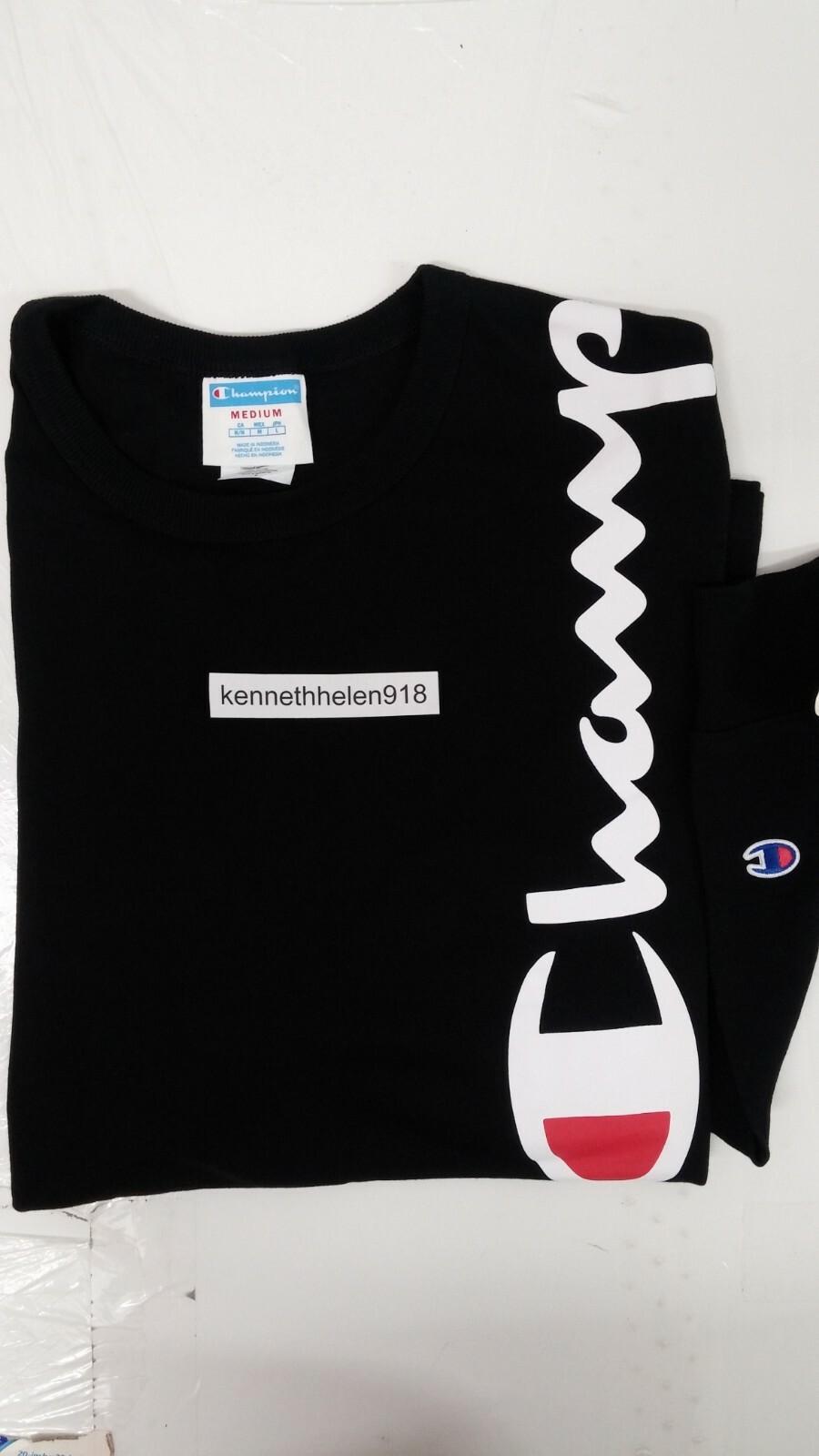 CHAMPION HERITAGE OVER SHOULDER SCRIPT LONG SLEEVE TEE SHIRT BLACK MENS SIZE M