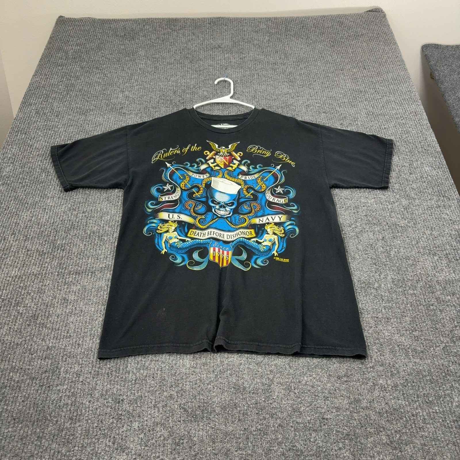 US Navy 7.62 Design T Shirt Mens L Black Cotton Mermaid Skull Graphic Military