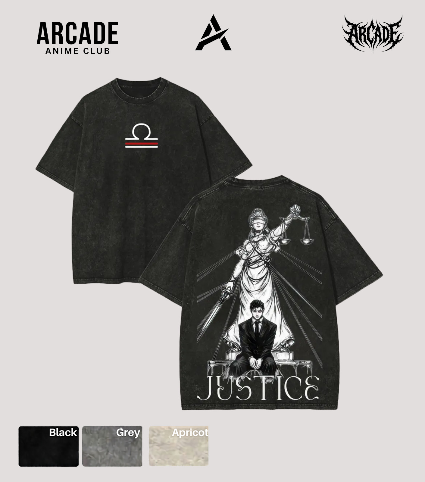 Arcade Anime Vintage Washed Justice Blindfolded Lady Black T-Shirt