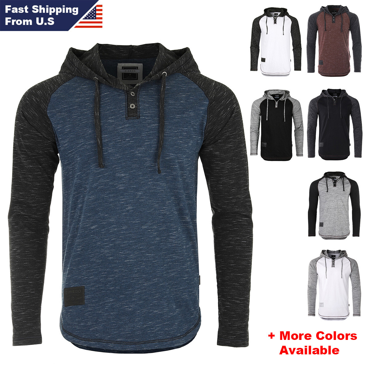 ZIMEGO Men’s Long Sleeve Raglan Henley Hoodie Round Bottom Semi Longline T-Shirt