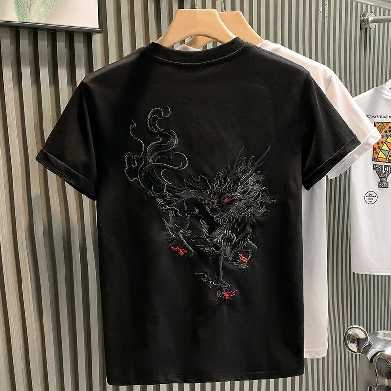 Men’s Mythical Dragon Kirin Embroidery Short Sleeve Casual Summer T-Shirt